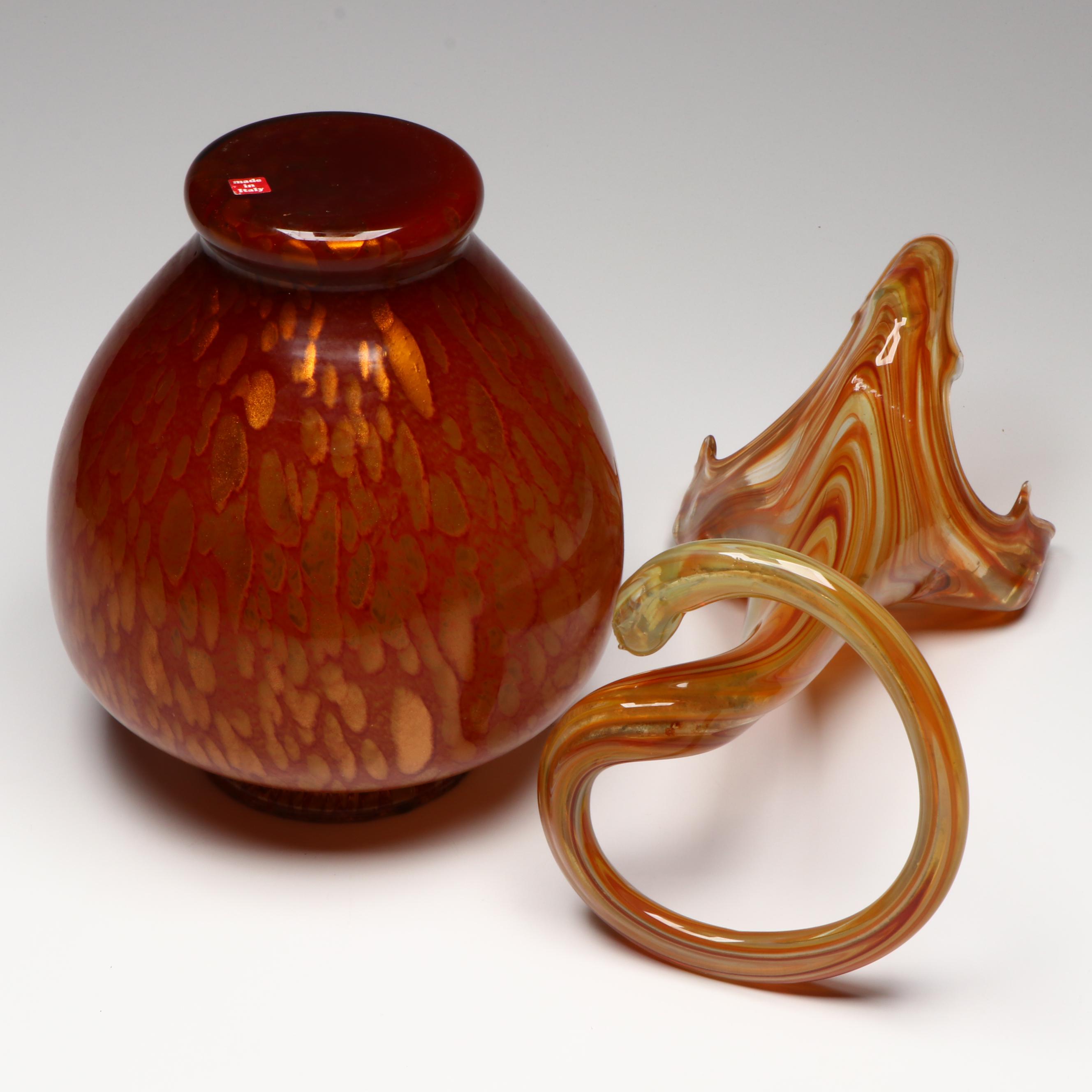 Sooner Glass Abstract Trumpet Vase with Italian Aventurine Red Vase