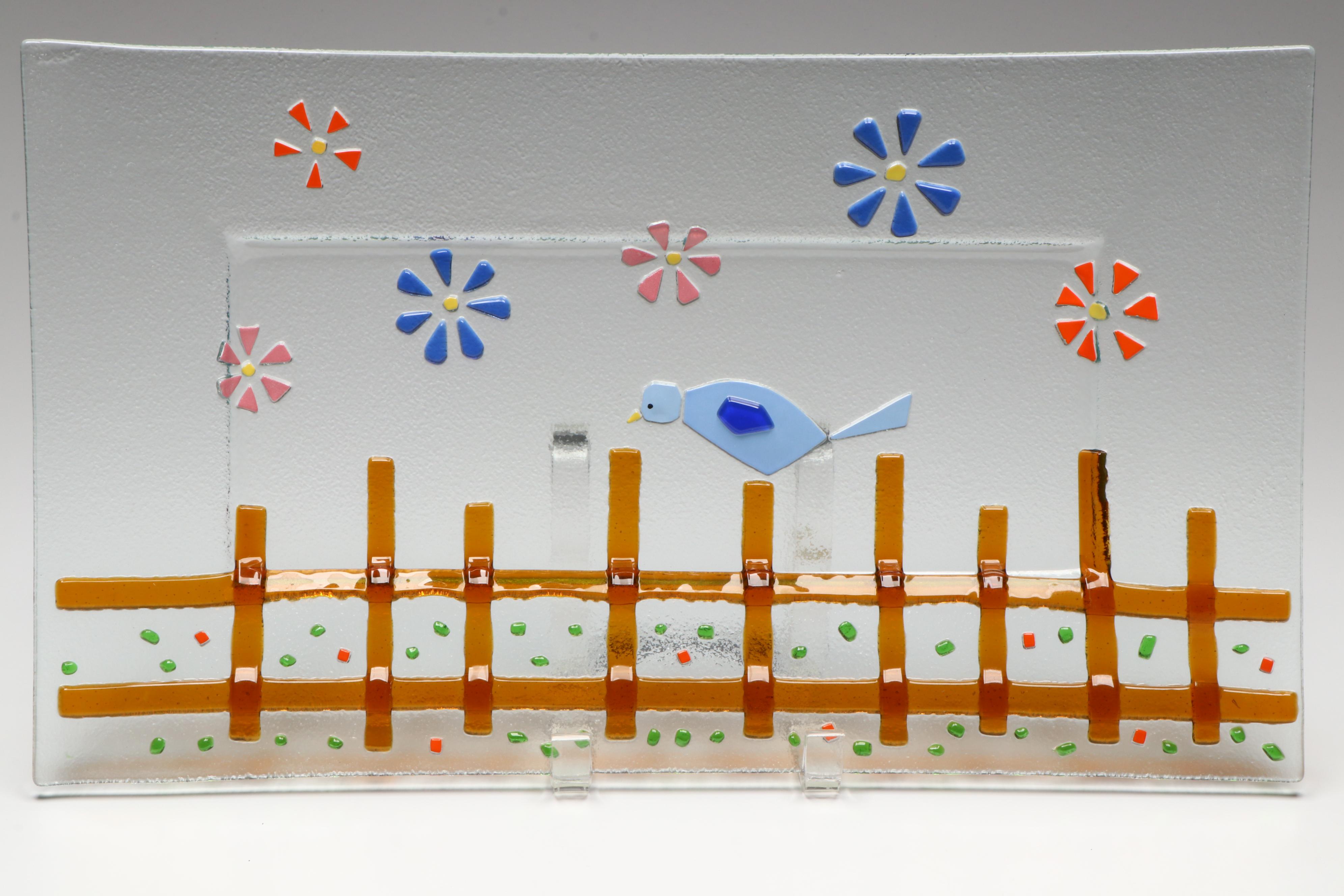 Fused Glass Bird on Fence Square Plate and Tray