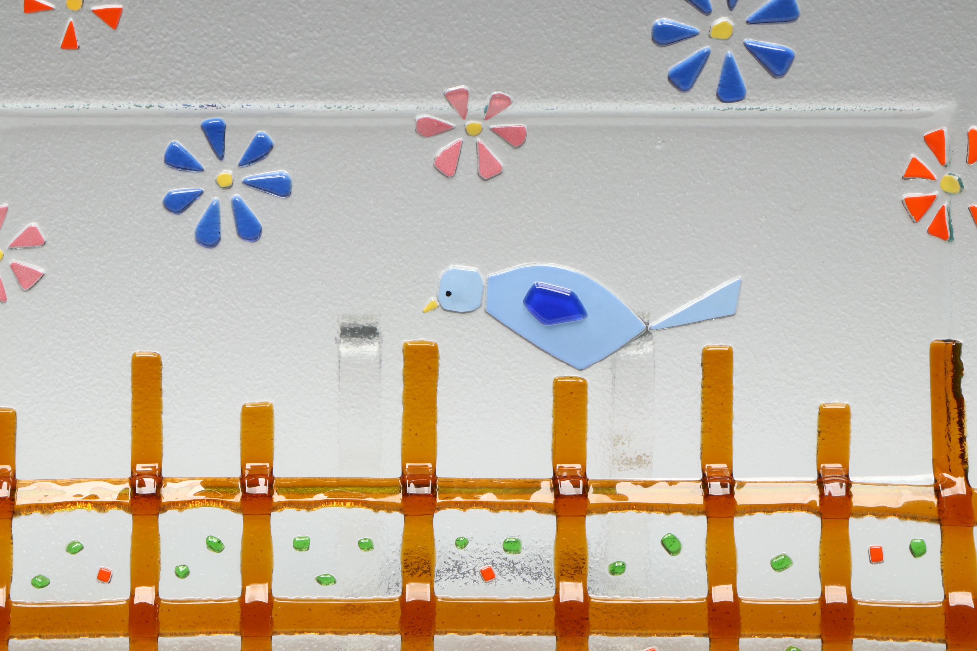 Fused Glass Bird on Fence Square Plate and Tray
