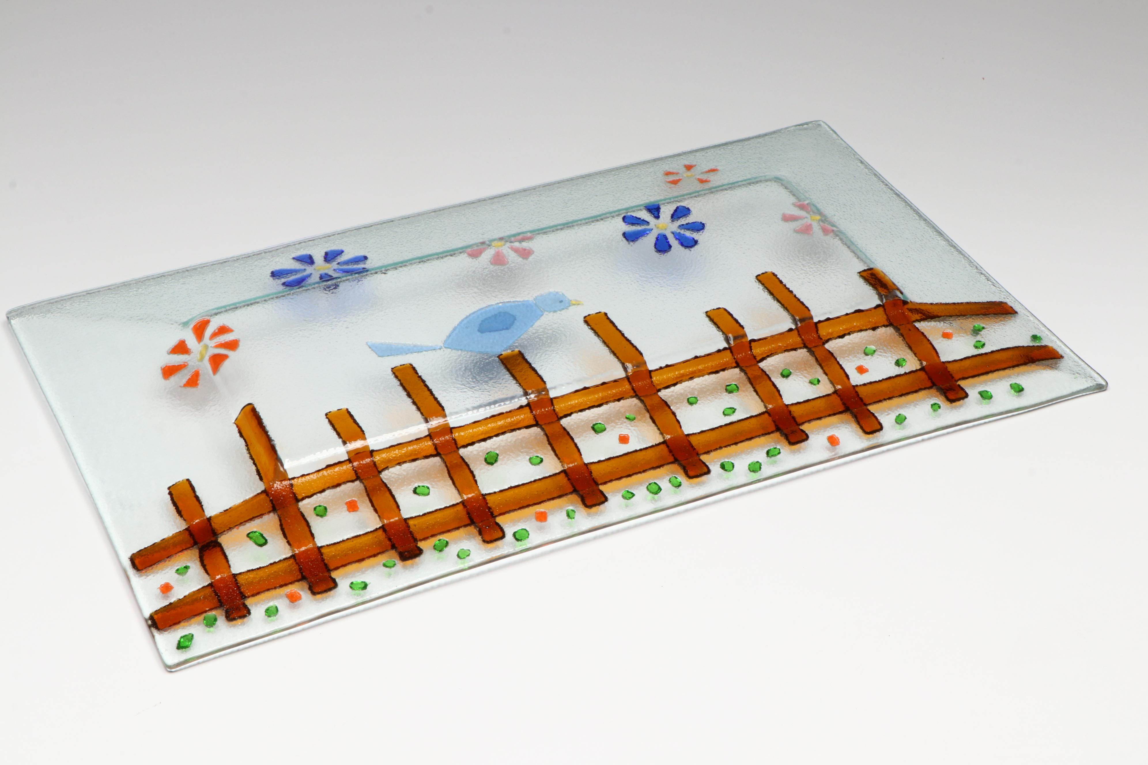 Fused Glass Bird on Fence Square Plate and Tray