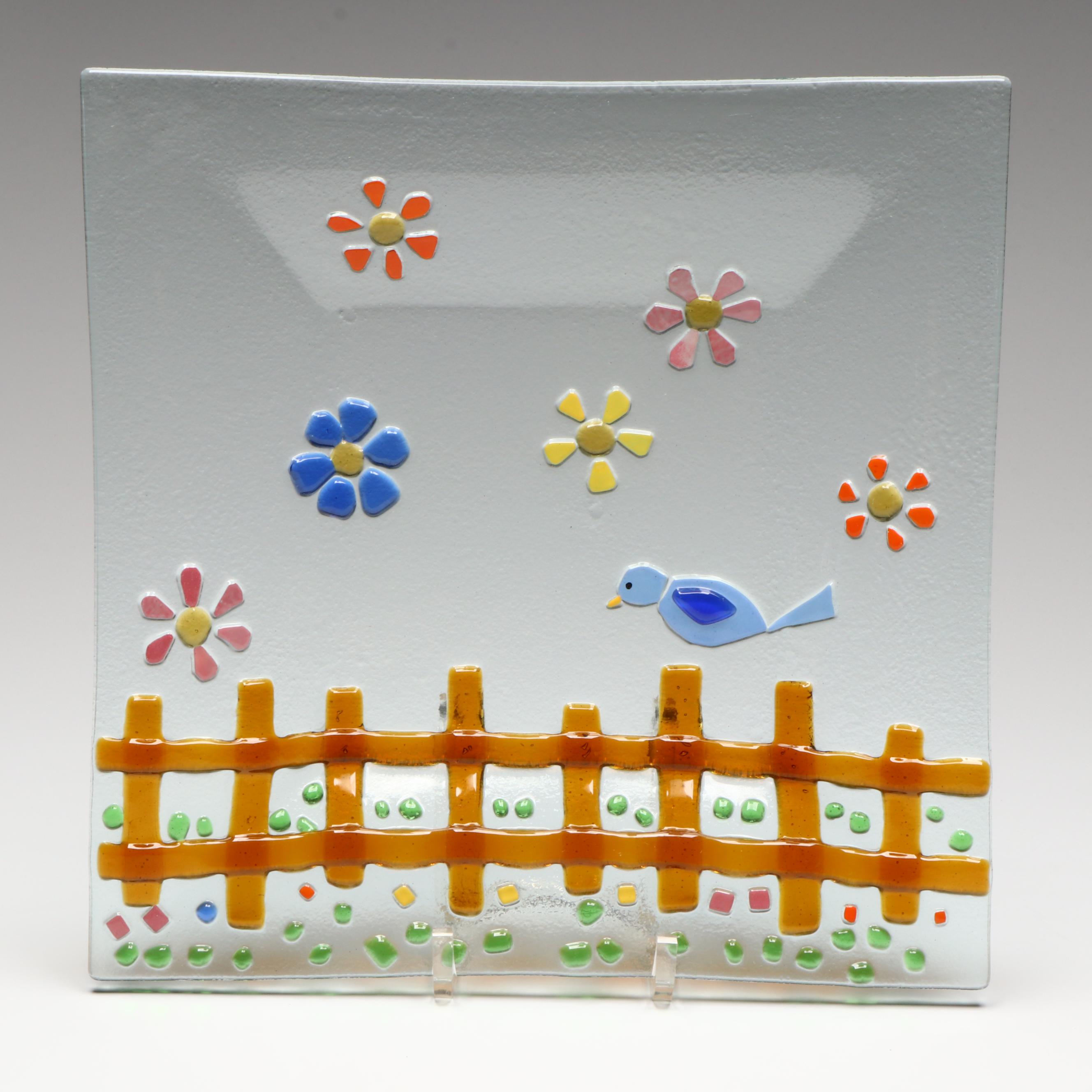 Fused Glass Bird on Fence Square Plate and Tray