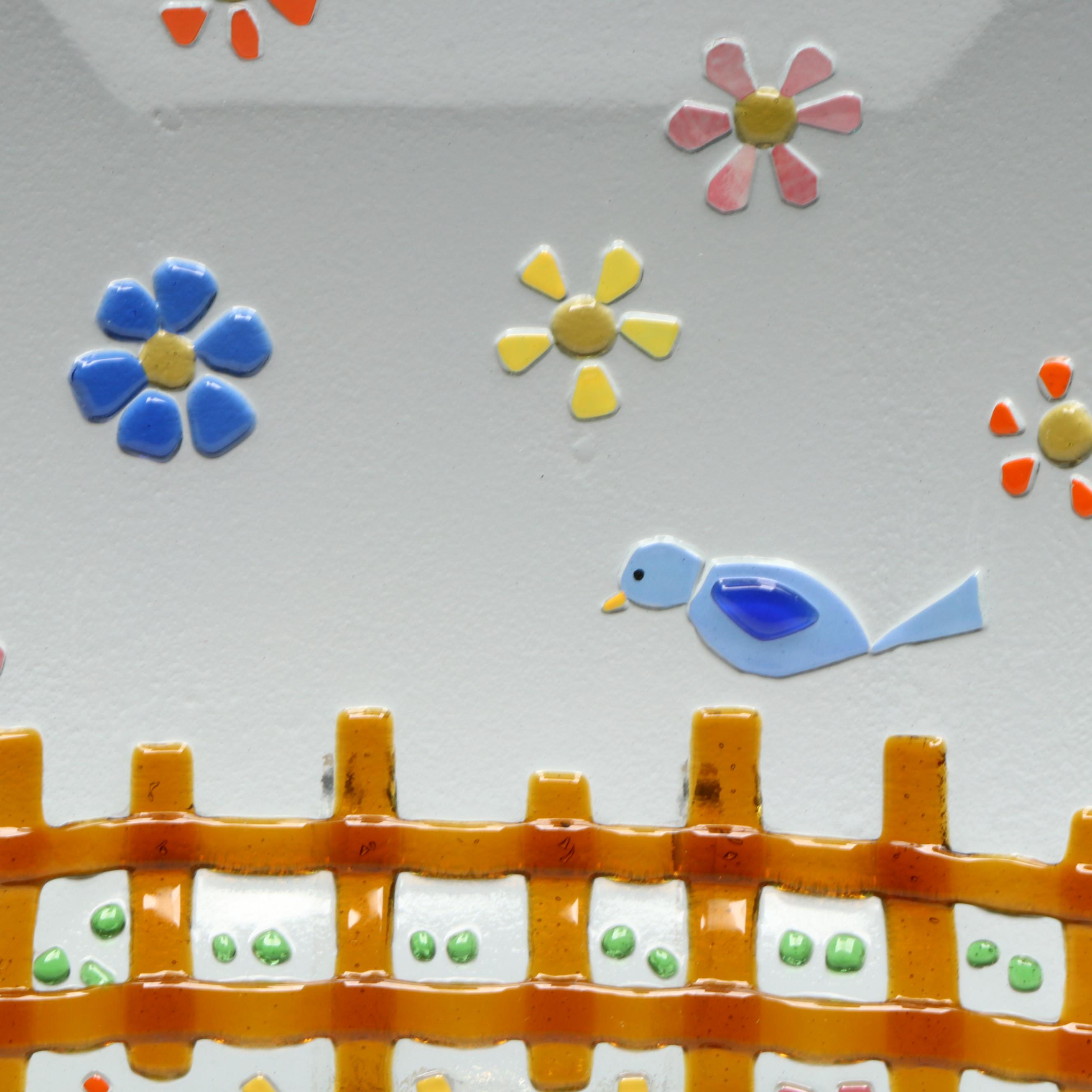 Fused Glass Bird on Fence Square Plate and Tray