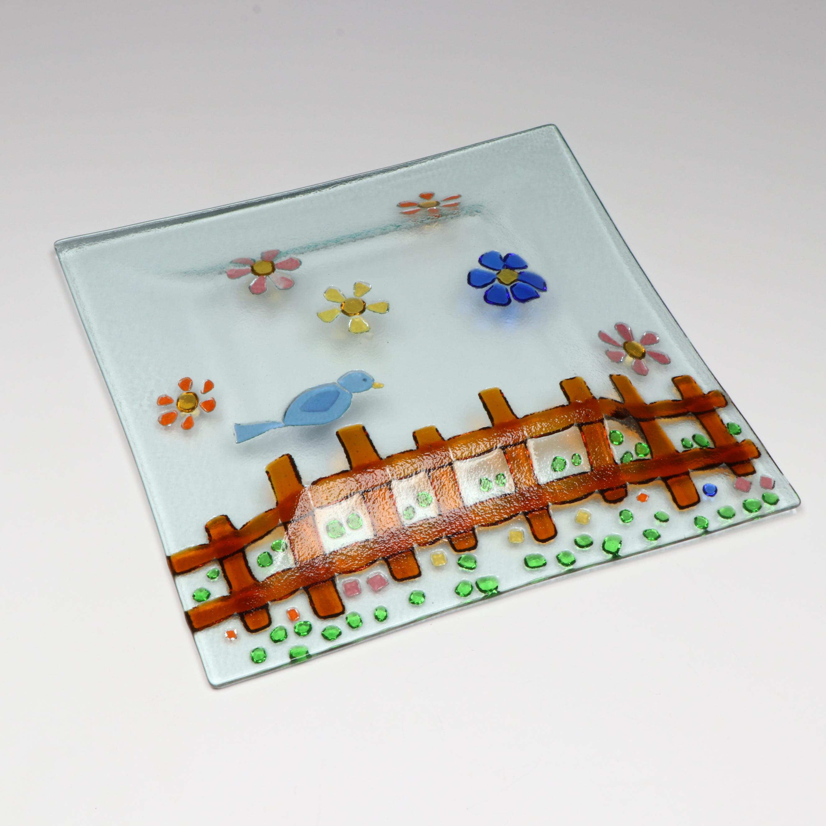 Fused Glass Bird on Fence Square Plate and Tray