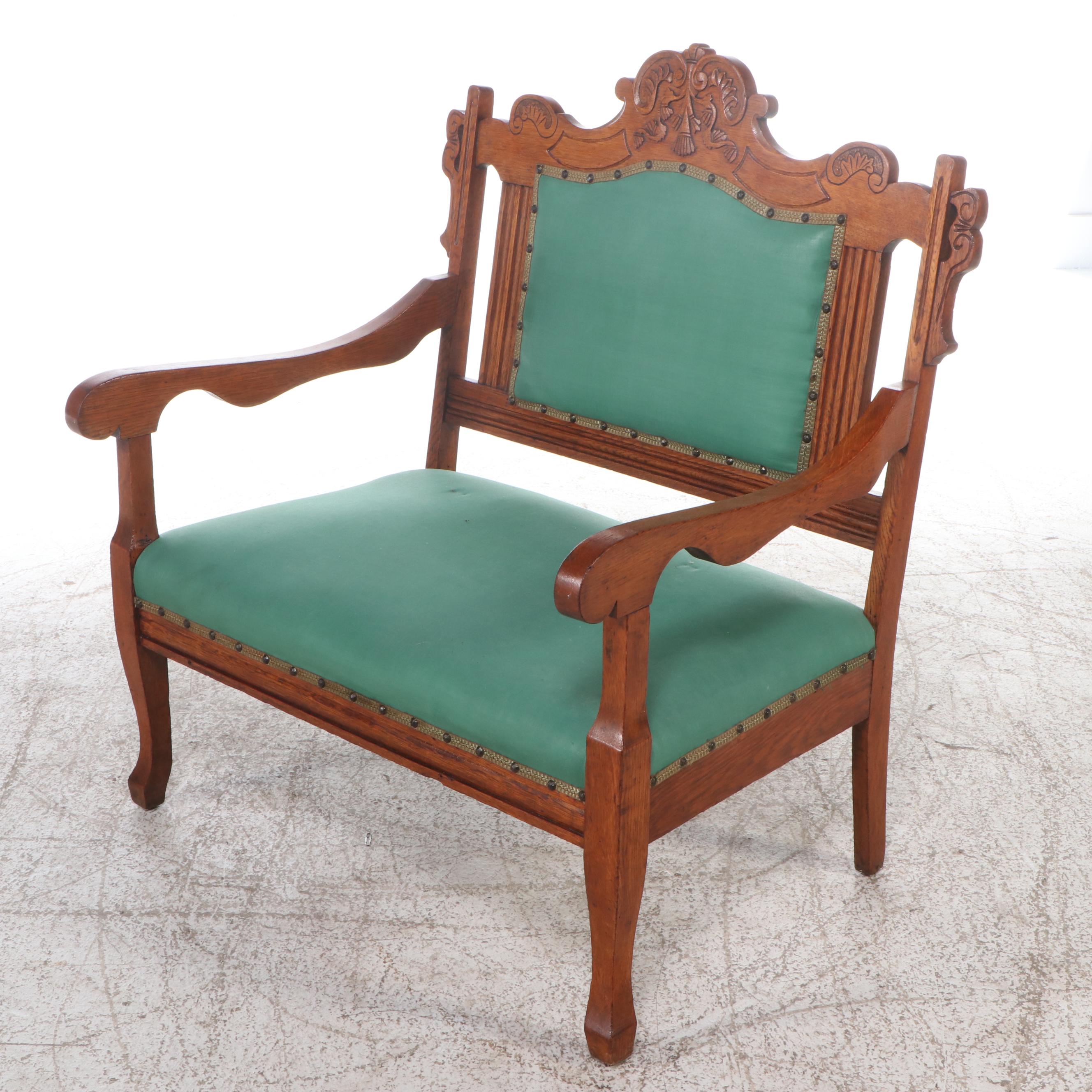 Victorian Carved Oak Framed Parlor Set with Settee, Armchair, and Side Chair