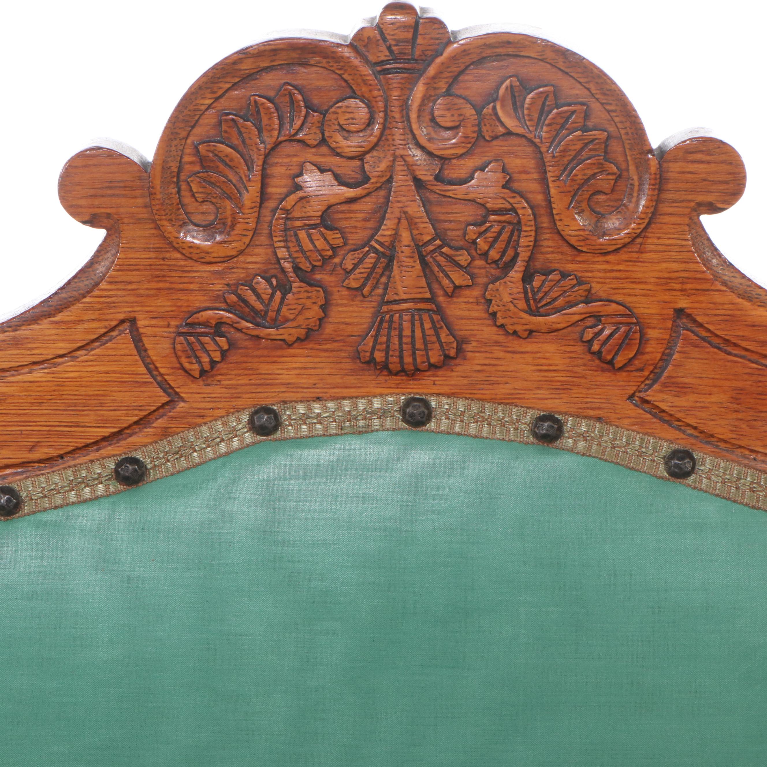 Victorian Carved Oak Framed Parlor Set with Settee, Armchair, and Side Chair