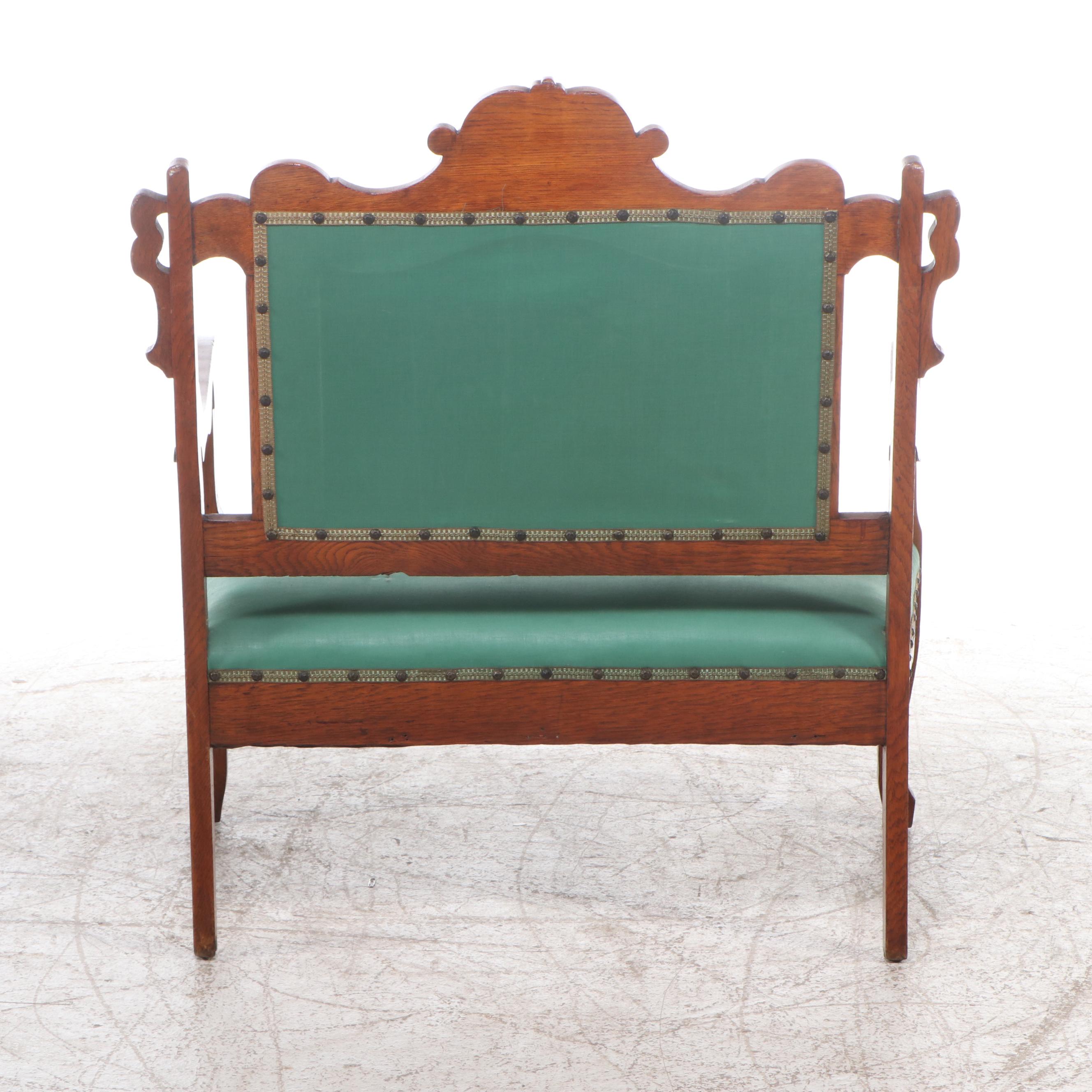 Victorian Carved Oak Framed Parlor Set with Settee, Armchair, and Side Chair