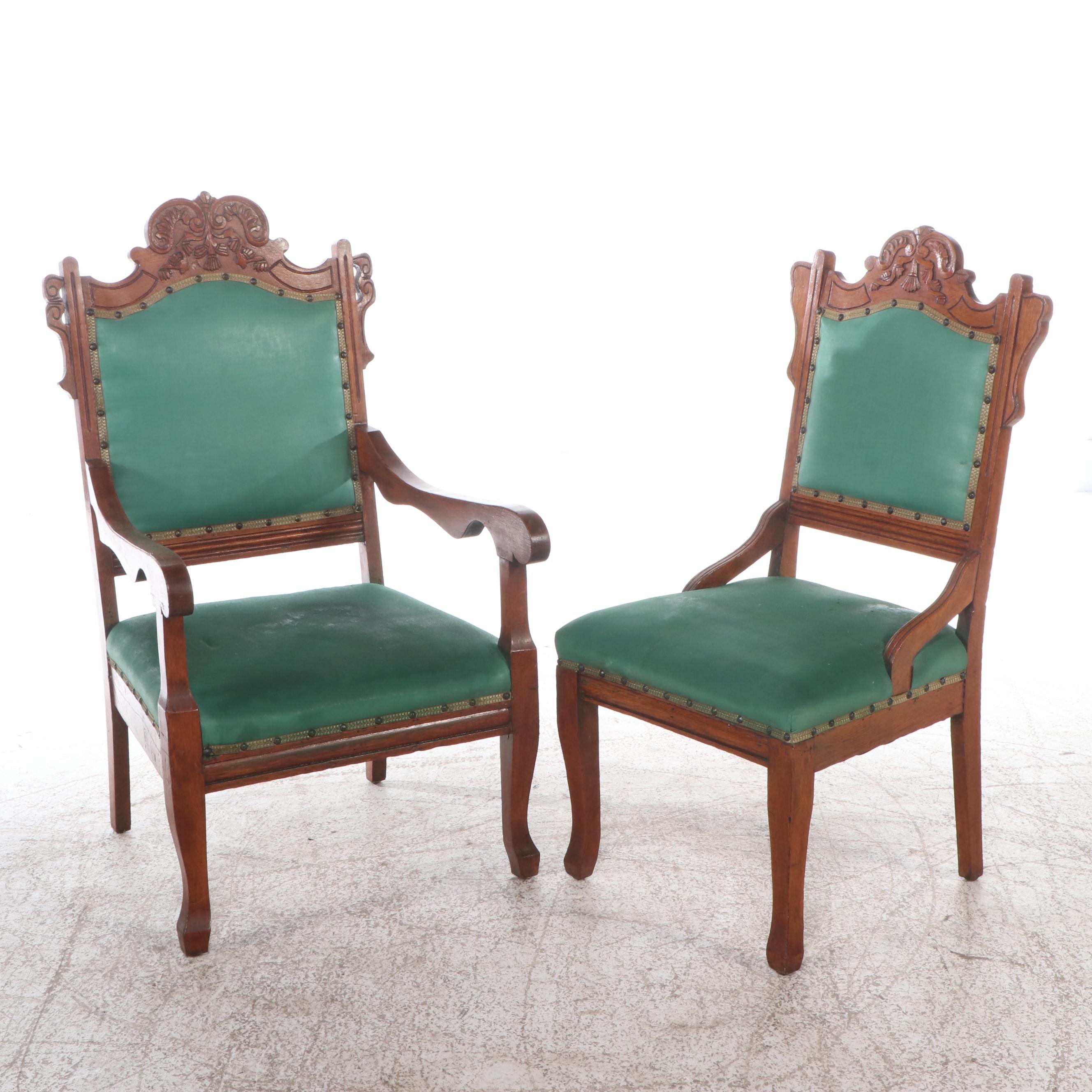 Victorian Carved Oak Framed Parlor Set with Settee, Armchair, and Side Chair