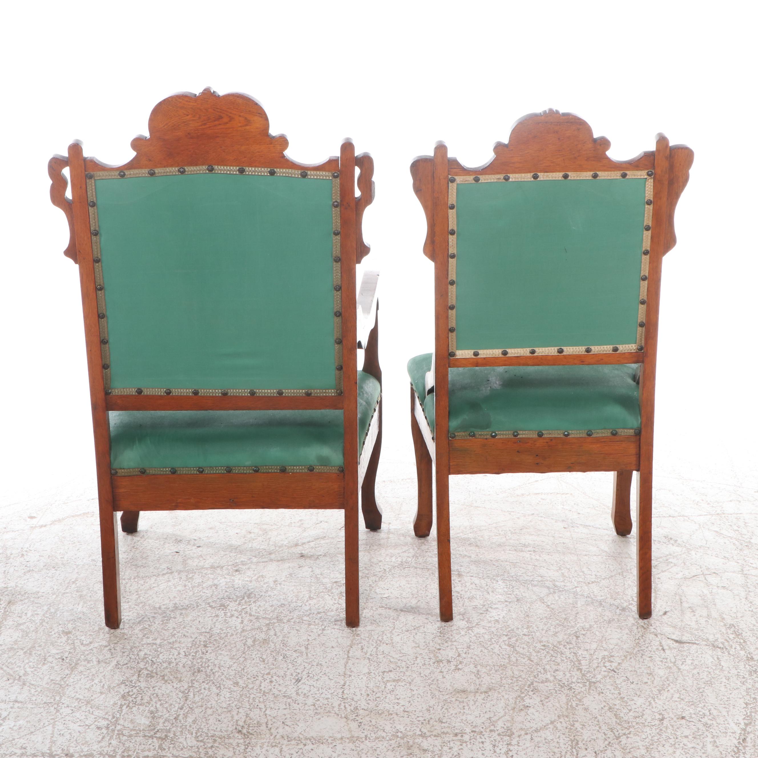 Victorian Carved Oak Framed Parlor Set with Settee, Armchair, and Side Chair