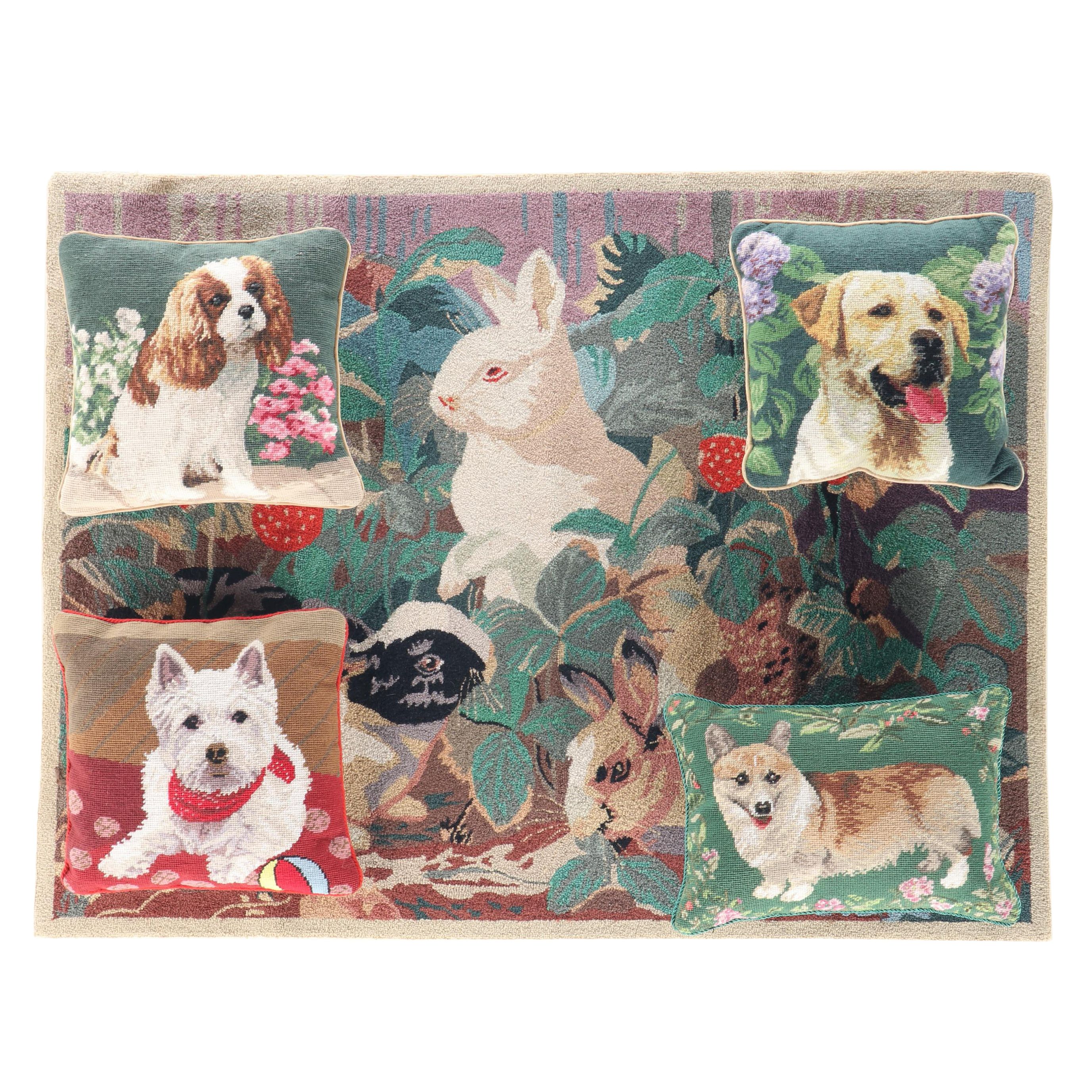 Handmade Needlepoint Dog Portrait Pillows, Hooked Wool Rabbits Rug