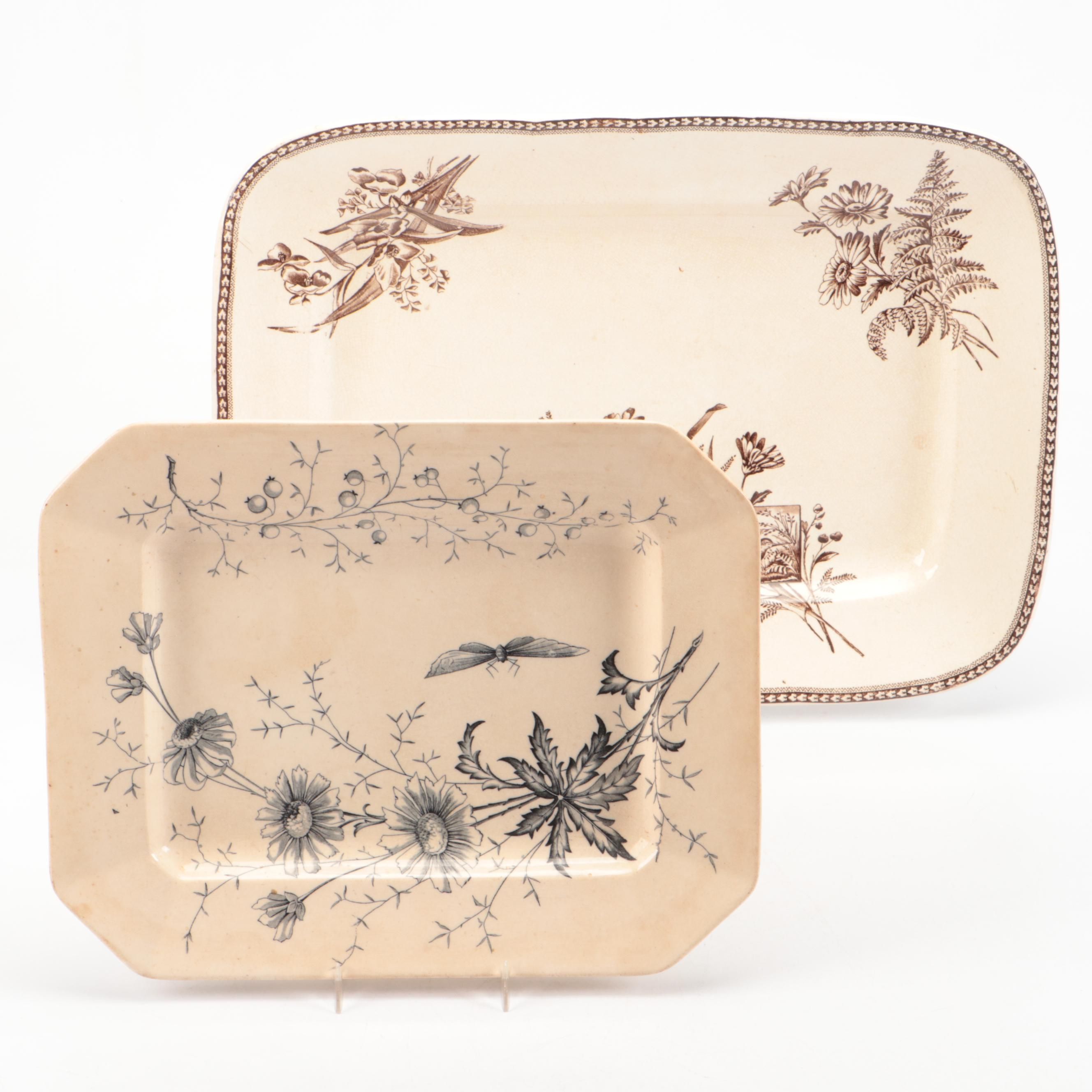 Aesthetic Movement Style Brown and Blue Transferware Platters, Late 19th Century