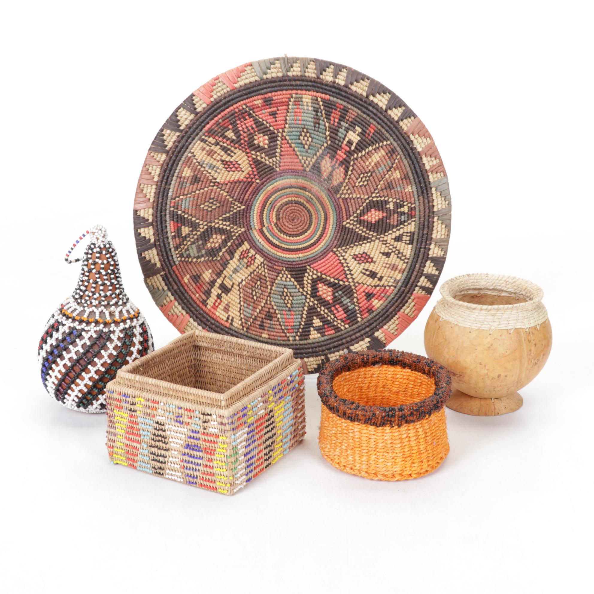Five International Hand Crafted Woven Grass, Gourd, and Beadwork Items