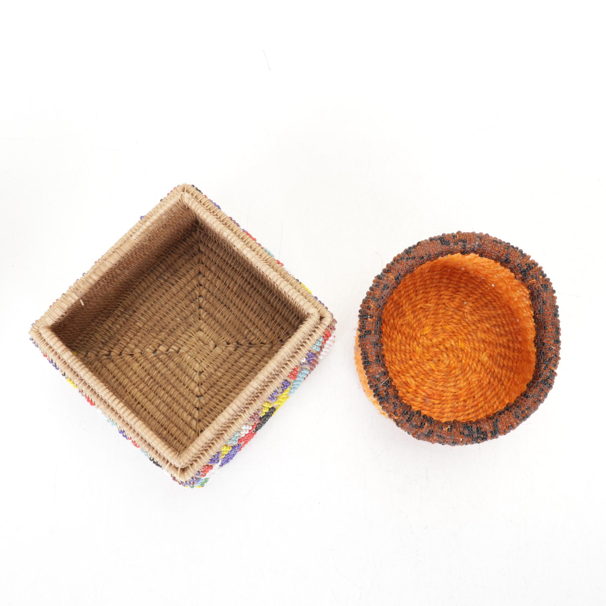 Five International Hand Crafted Woven Grass, Gourd, and Beadwork Items