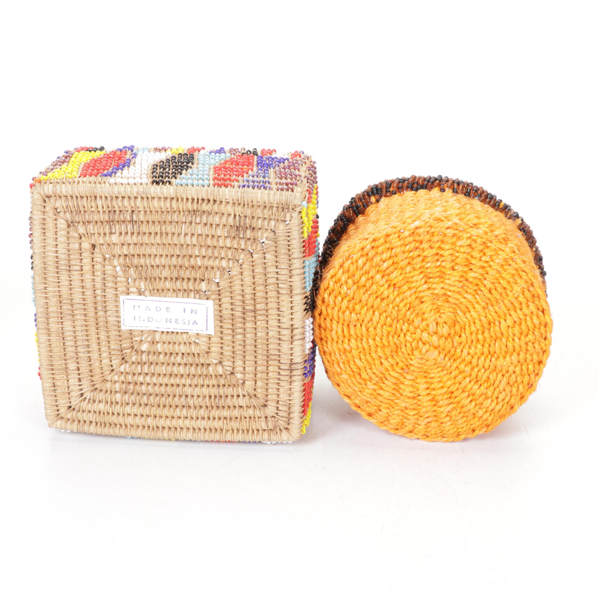 Five International Hand Crafted Woven Grass, Gourd, and Beadwork Items