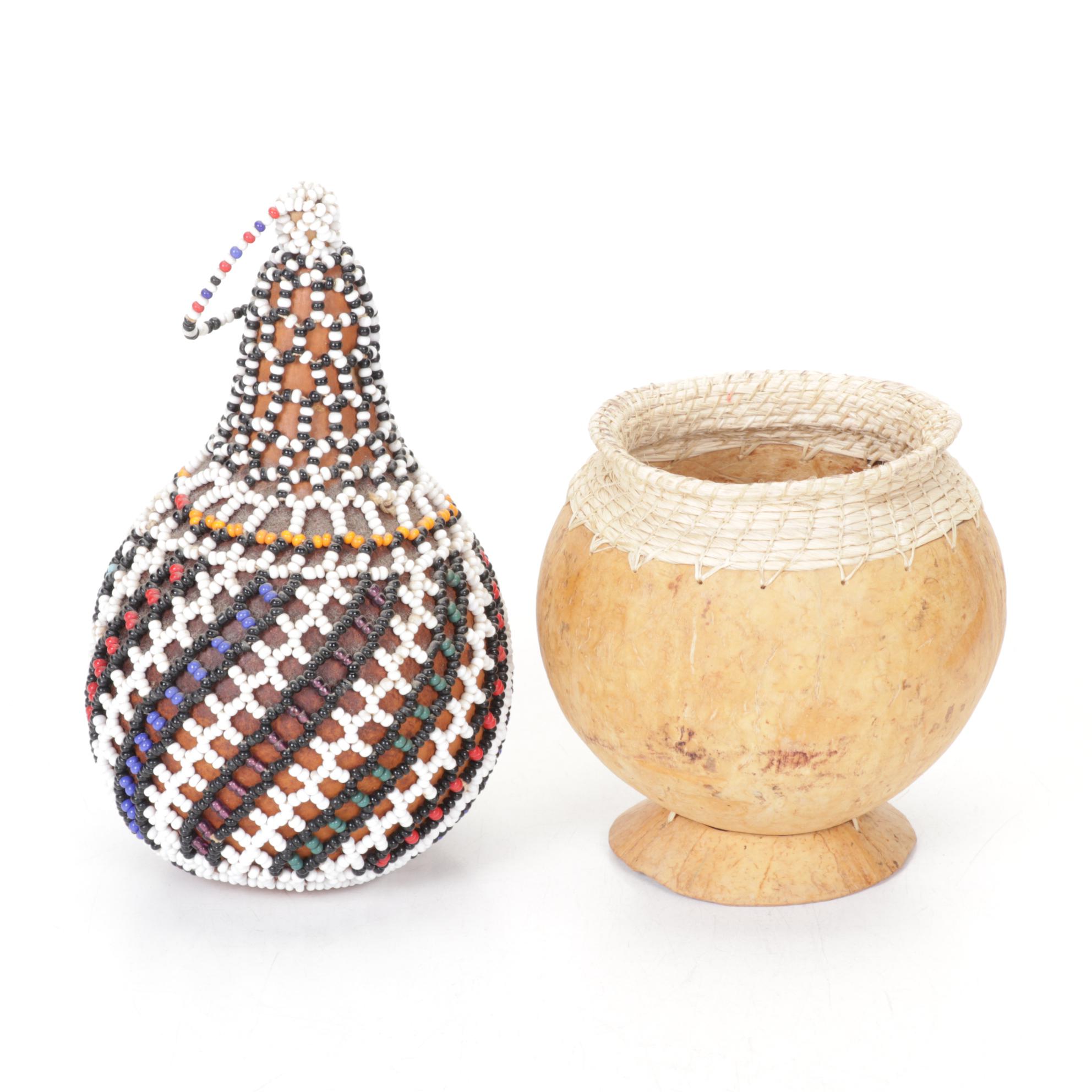 Five International Hand Crafted Woven Grass, Gourd, and Beadwork Items