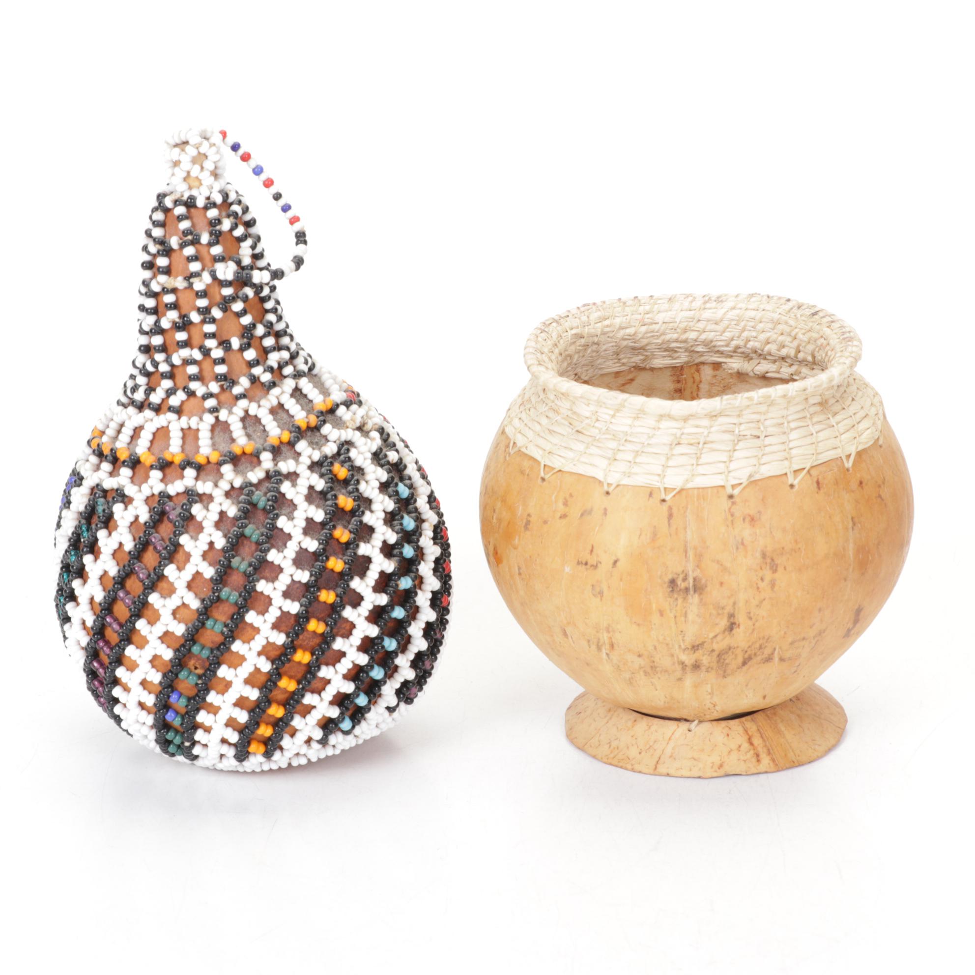 Five International Hand Crafted Woven Grass, Gourd, and Beadwork Items