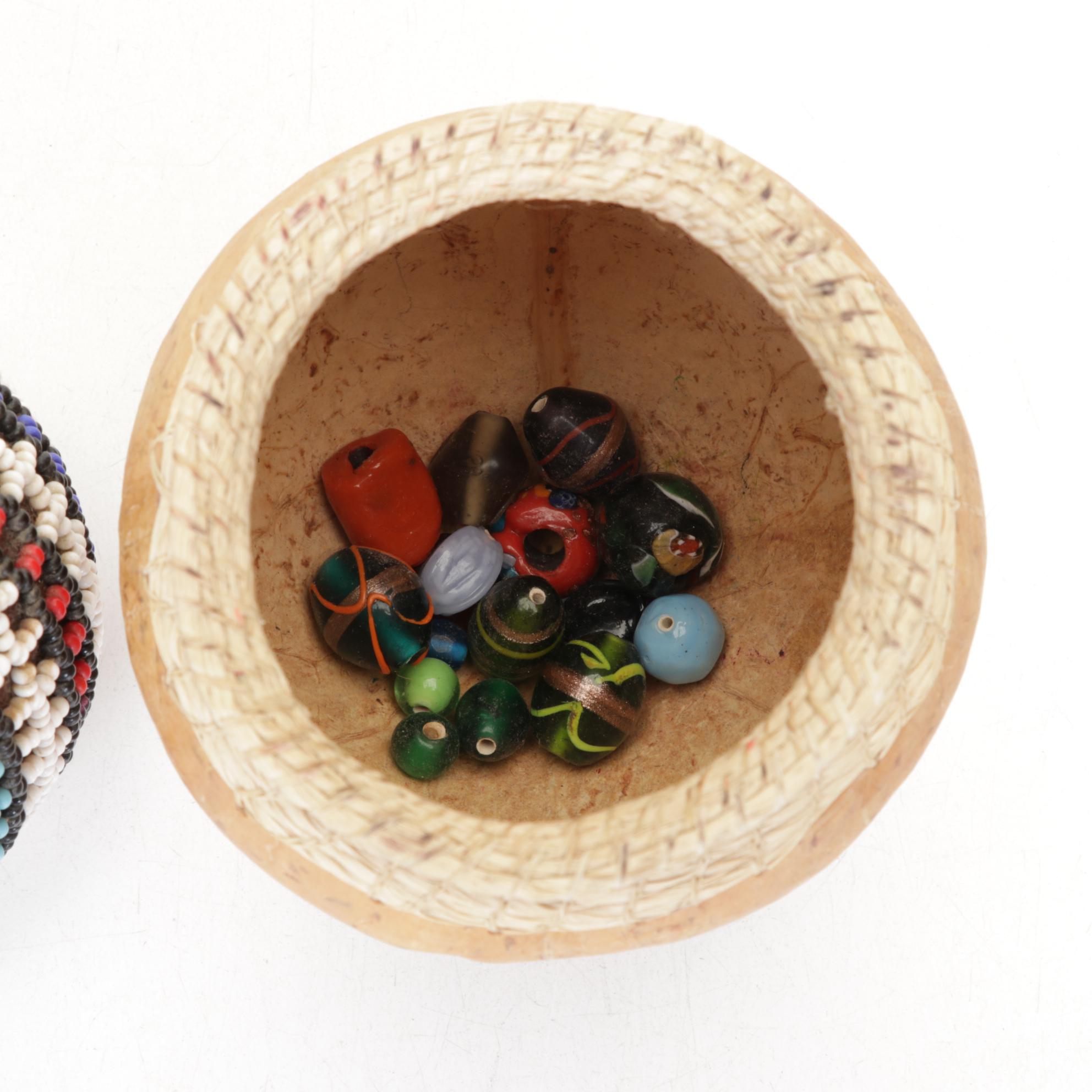 Five International Hand Crafted Woven Grass, Gourd, and Beadwork Items