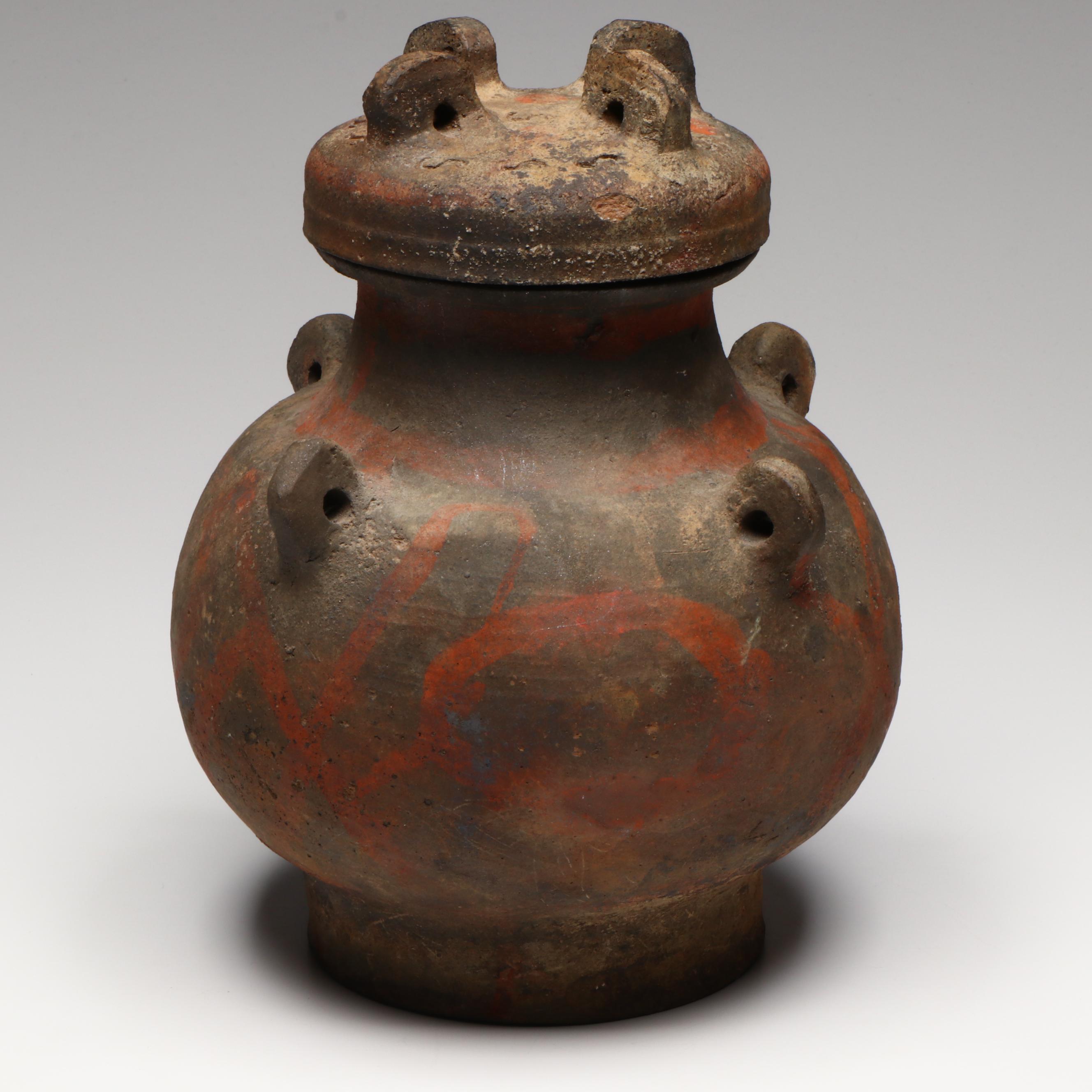 Chinese Han Dynasty Polychrome Pottery Lidded Jar