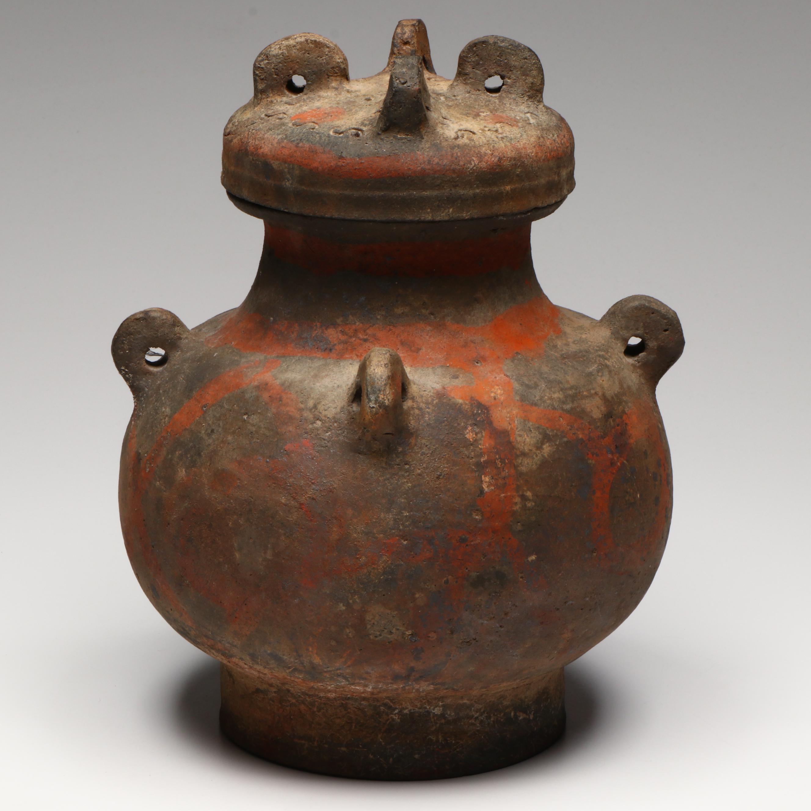 Chinese Han Dynasty Polychrome Pottery Lidded Jar