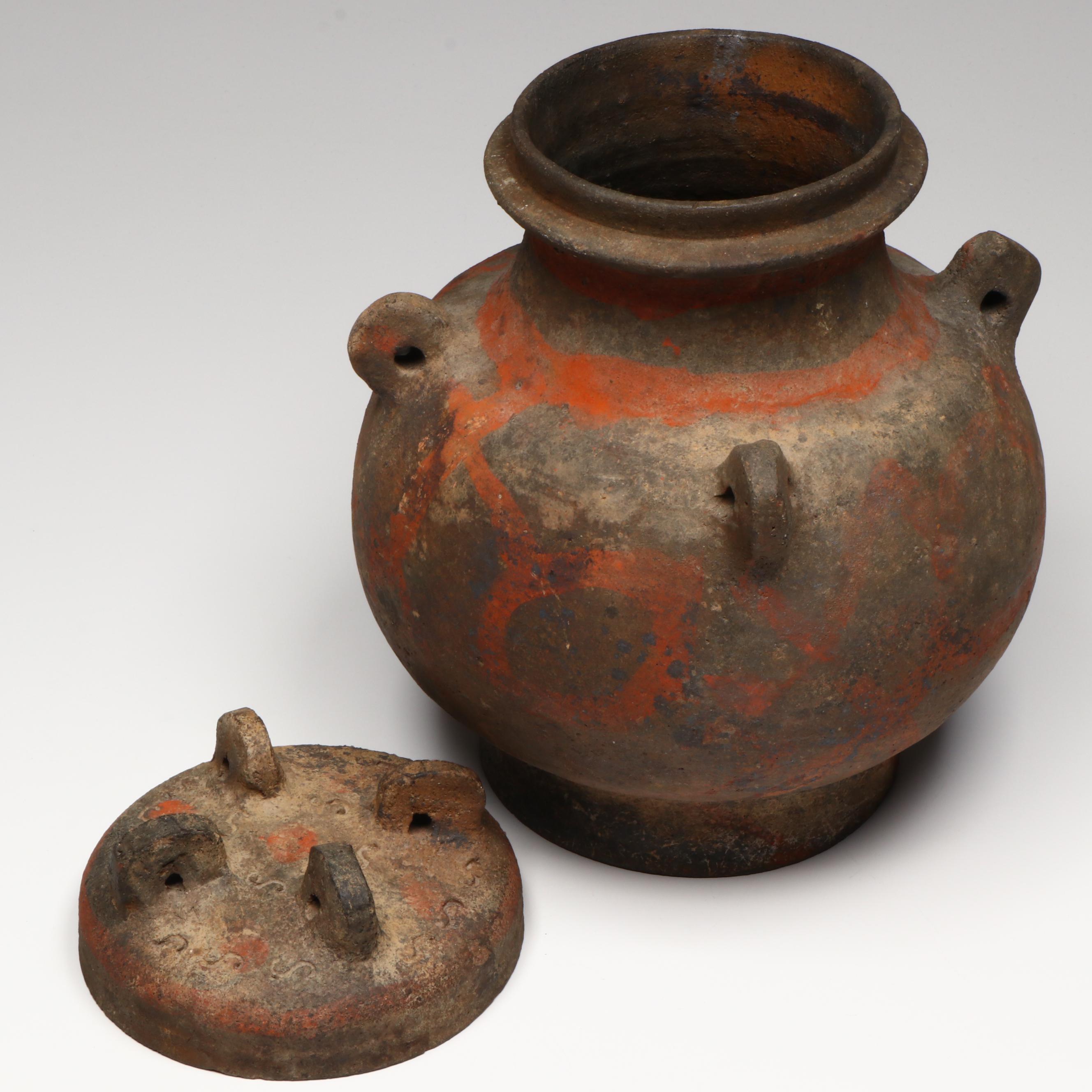 Chinese Han Dynasty Polychrome Pottery Lidded Jar