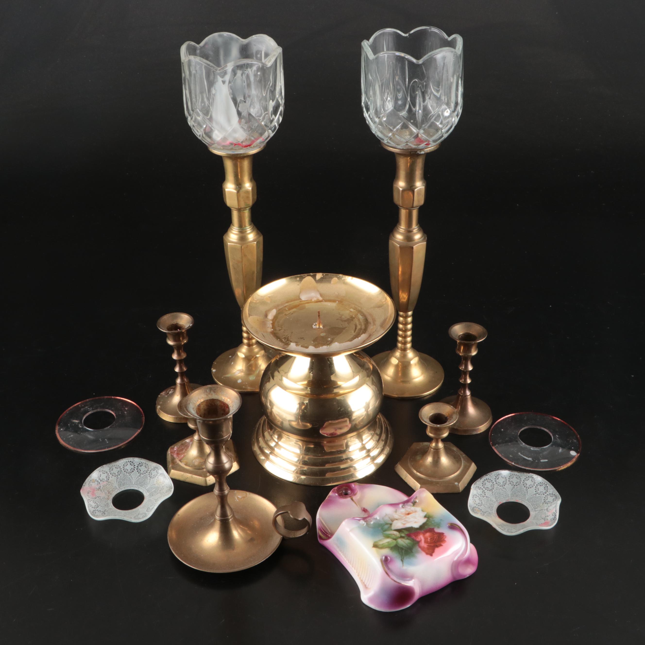 Royal Bayreuth Porcelain Wall Pocket with Brass Candlesticks and Accessories