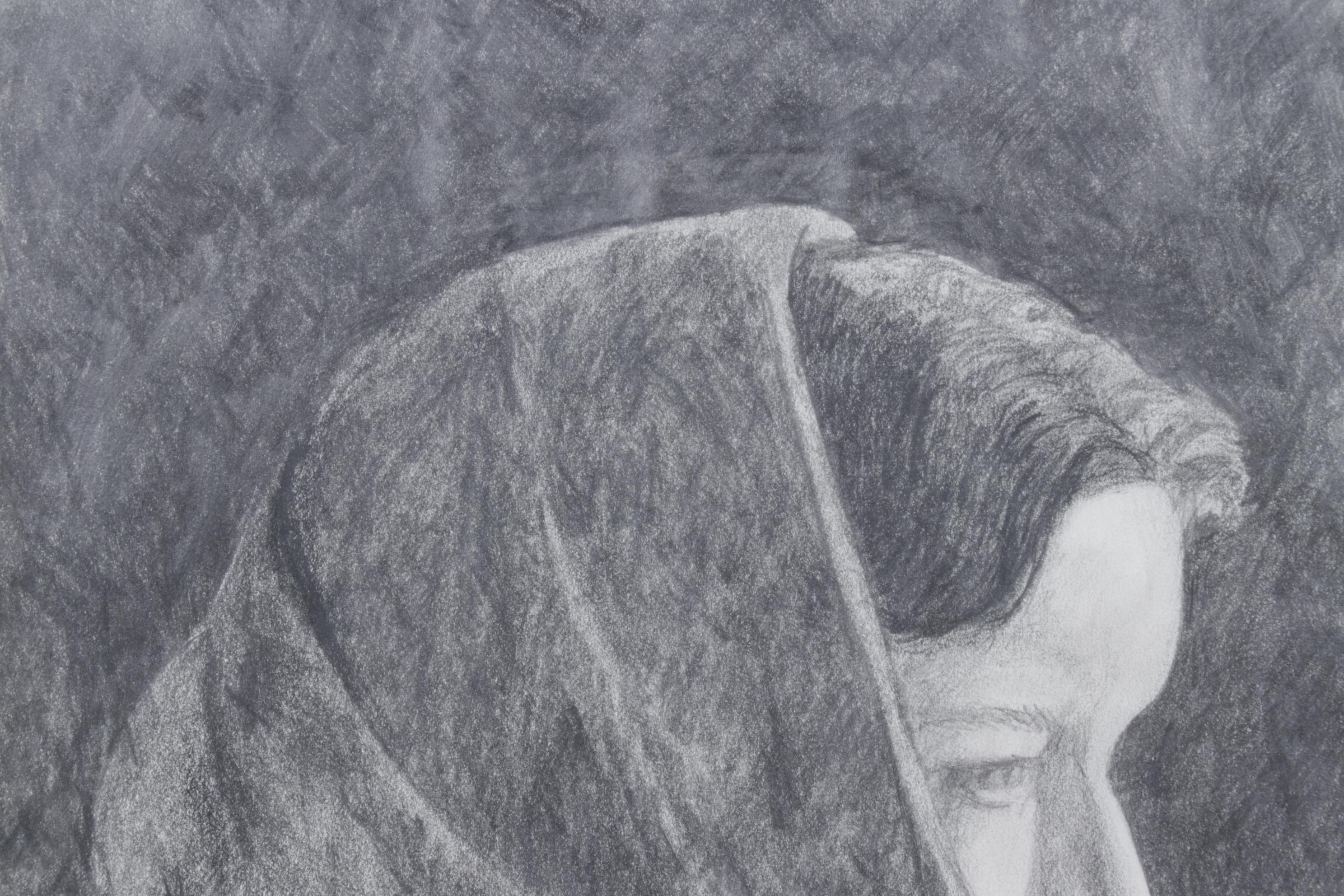 Charcoal Drawn Portrait of Woman Wearing a Shawl, 1991