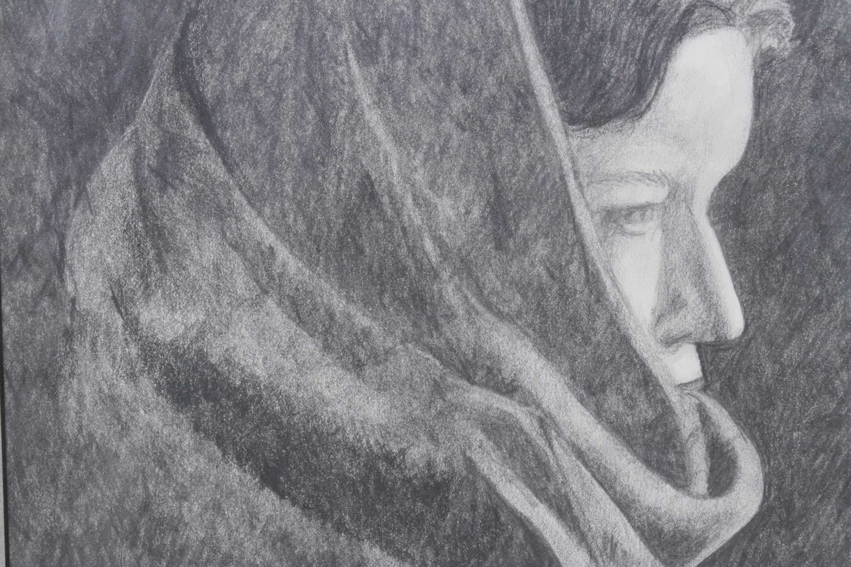 Charcoal Drawn Portrait of Woman Wearing a Shawl, 1991