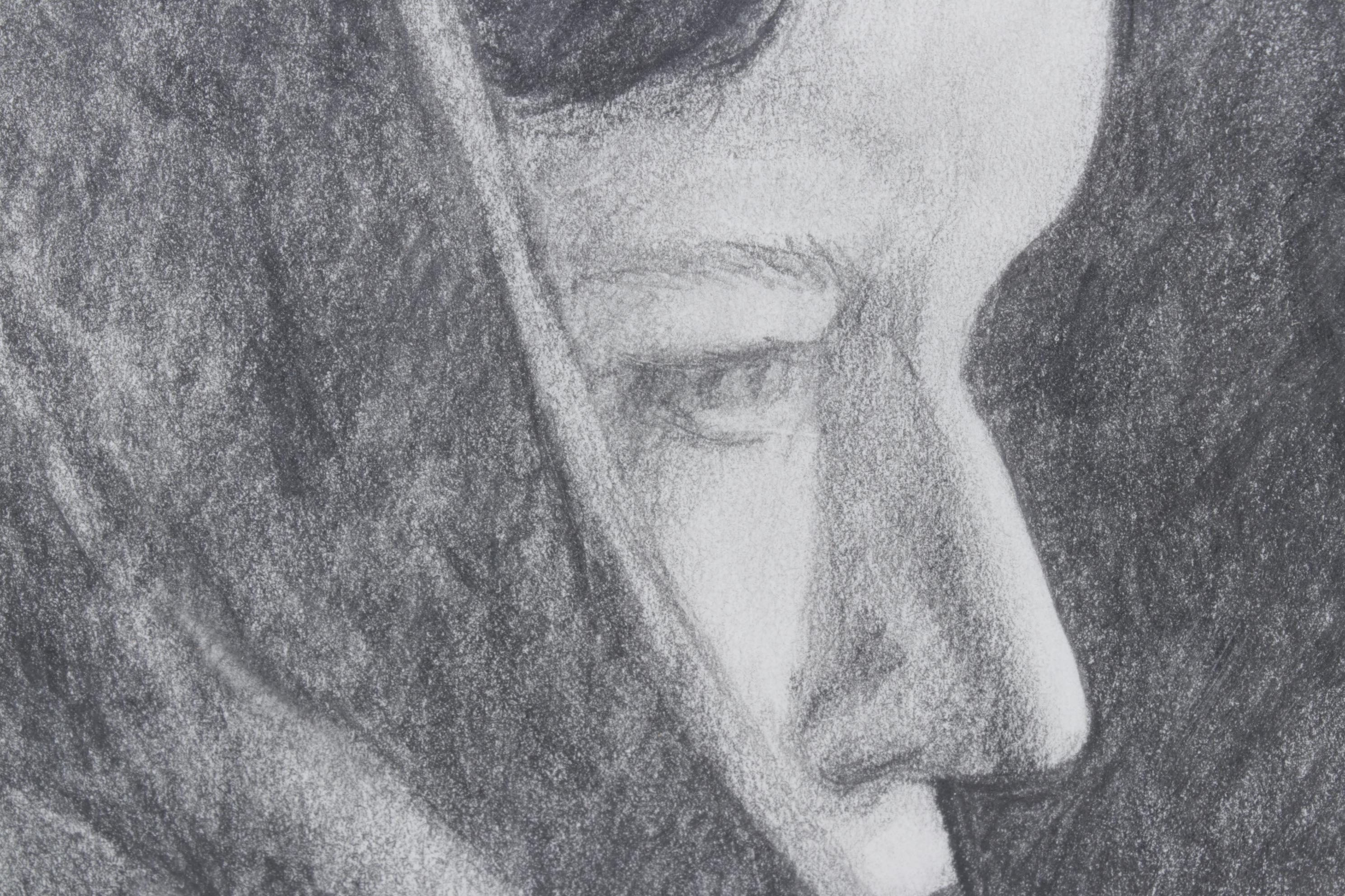 Charcoal Drawn Portrait of Woman Wearing a Shawl, 1991