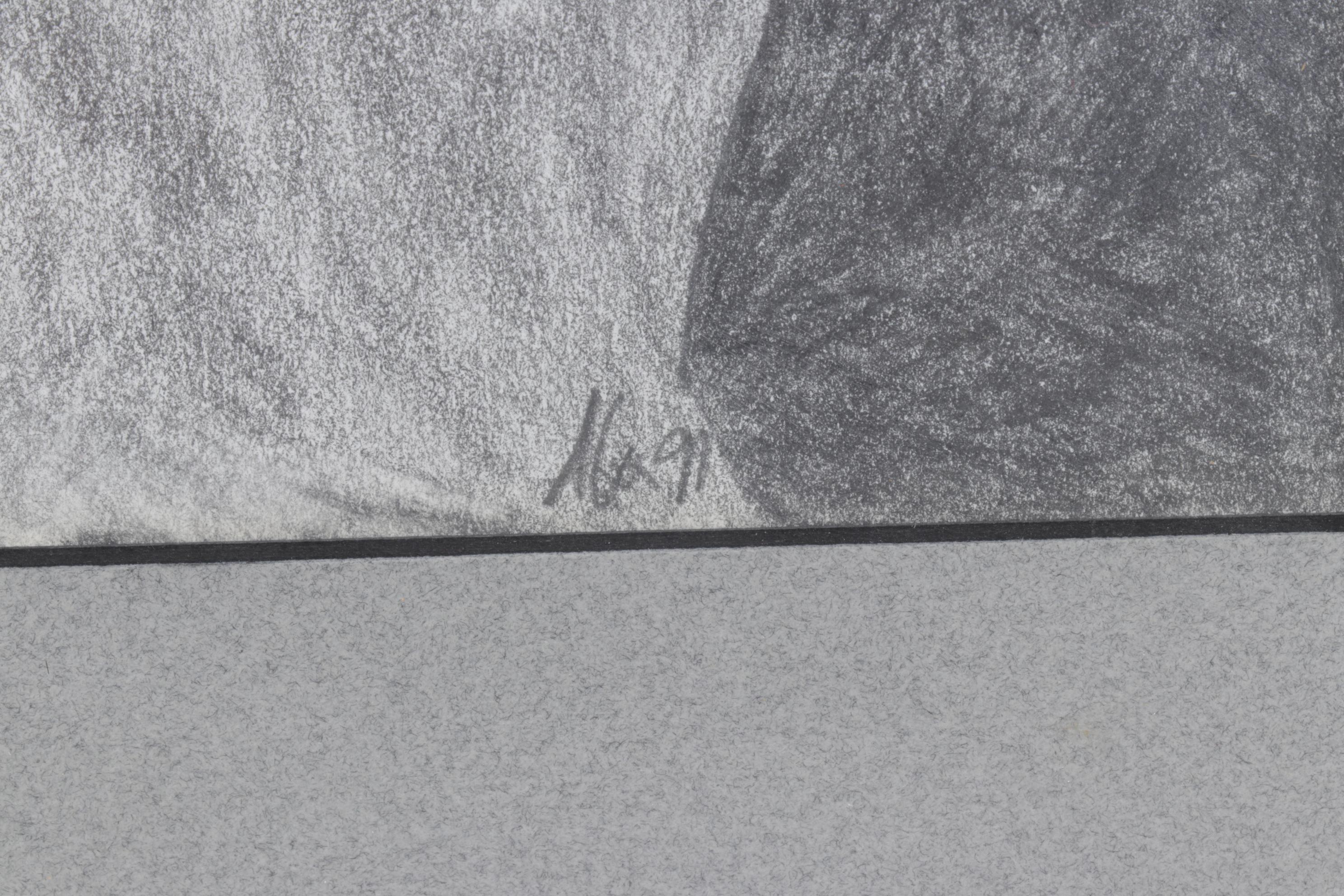 Charcoal Drawn Portrait of Woman Wearing a Shawl, 1991