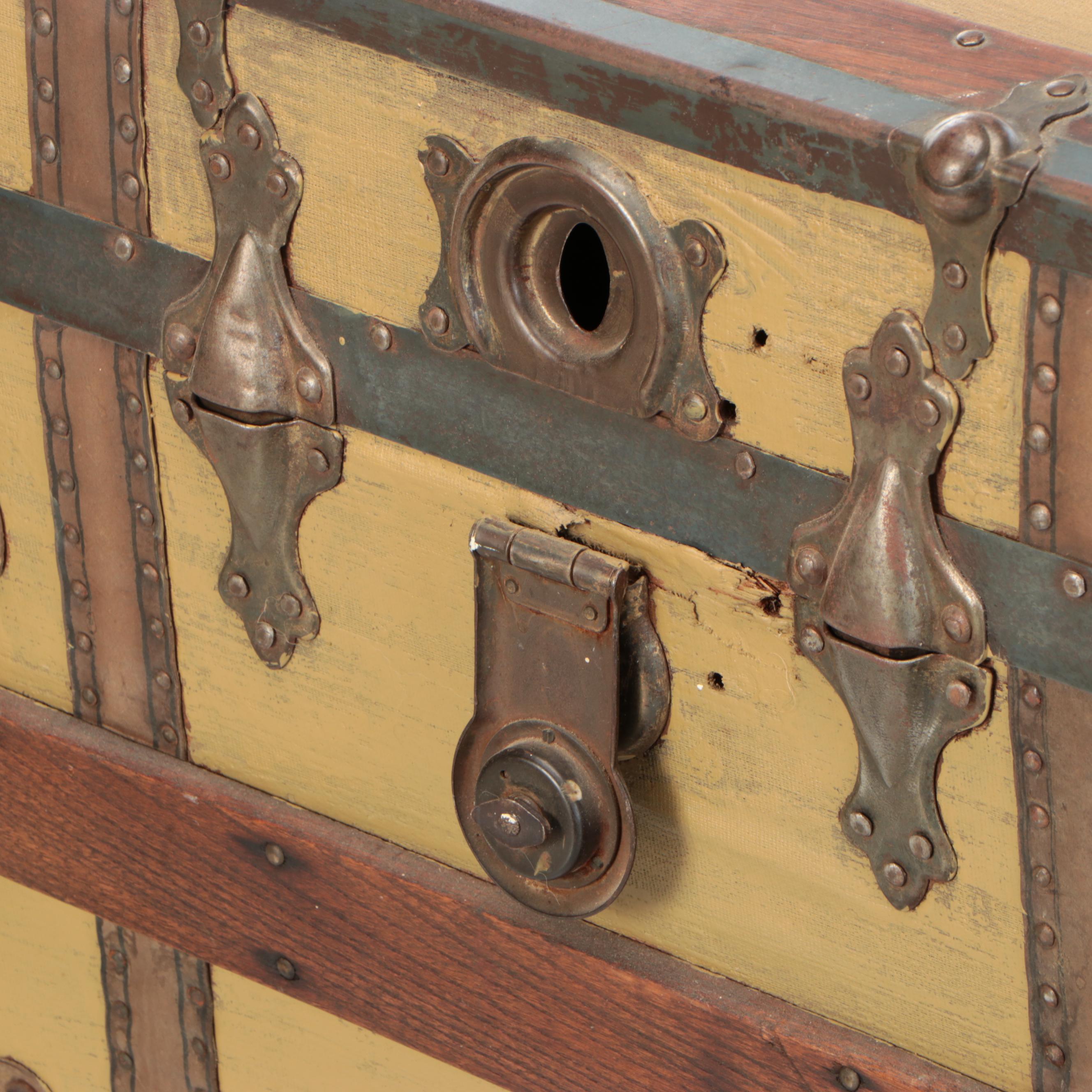 Flat Top Wood Steamer Trunk with Metal Trim, Early 20th Century