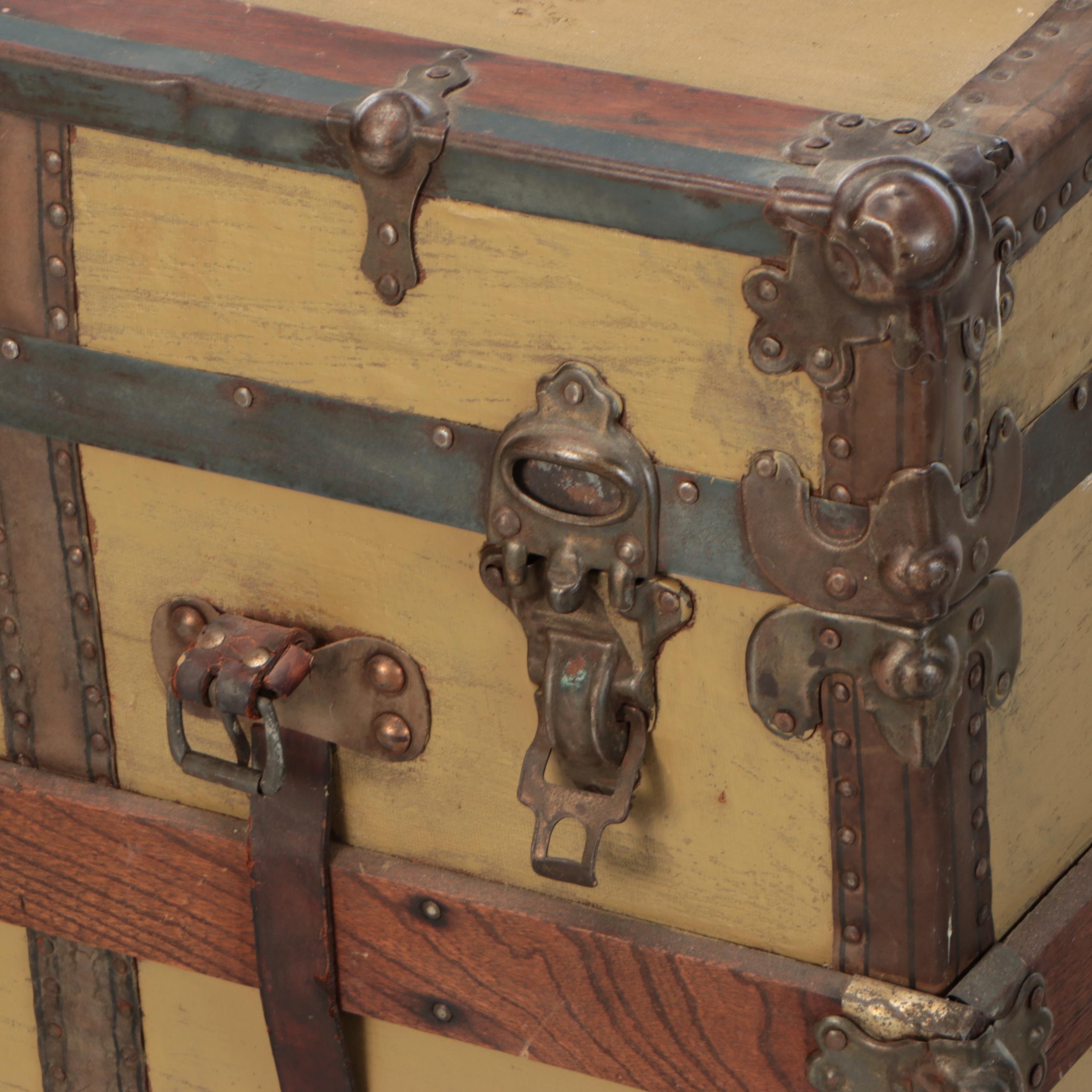 Flat Top Wood Steamer Trunk with Metal Trim, Early 20th Century
