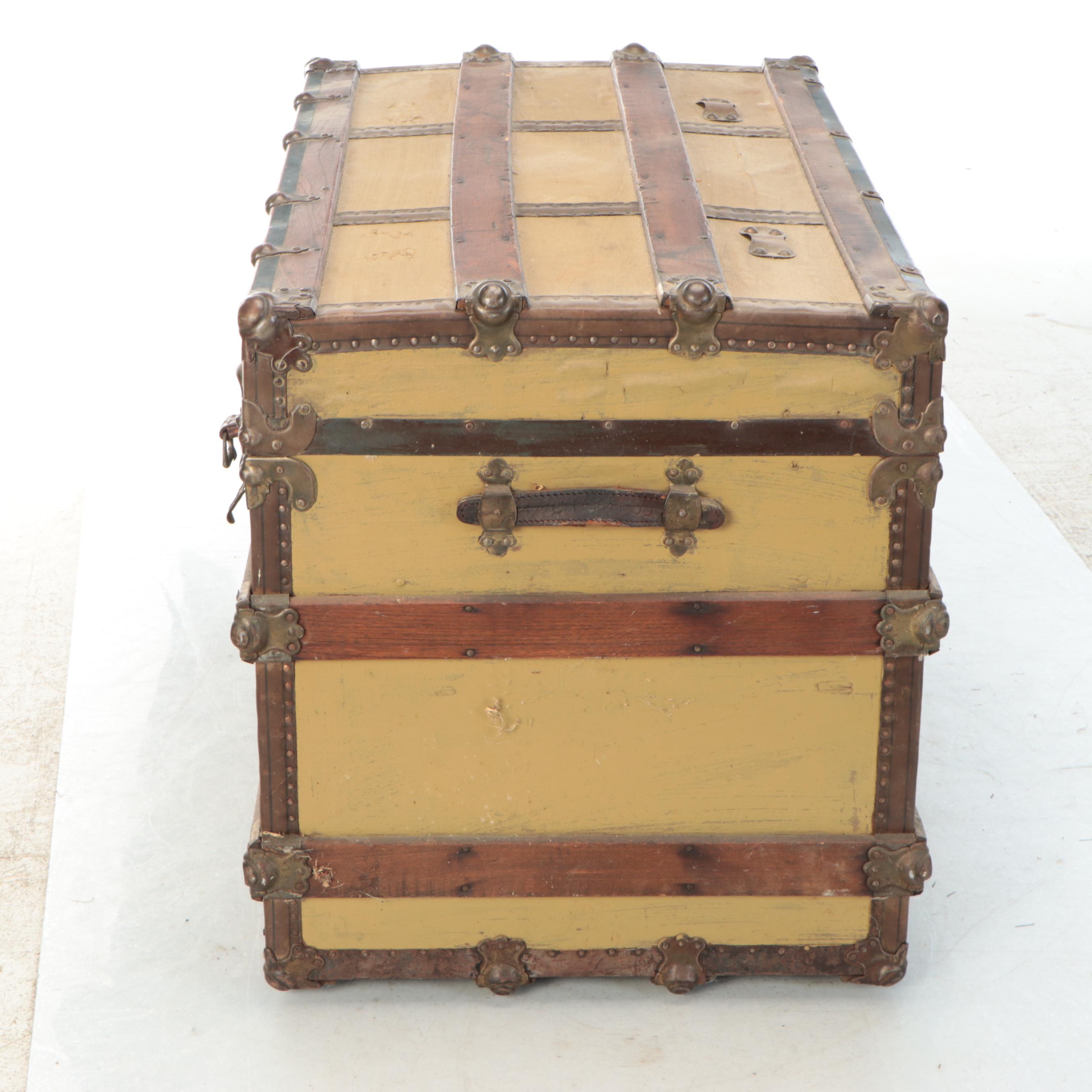 Flat Top Wood Steamer Trunk with Metal Trim, Early 20th Century