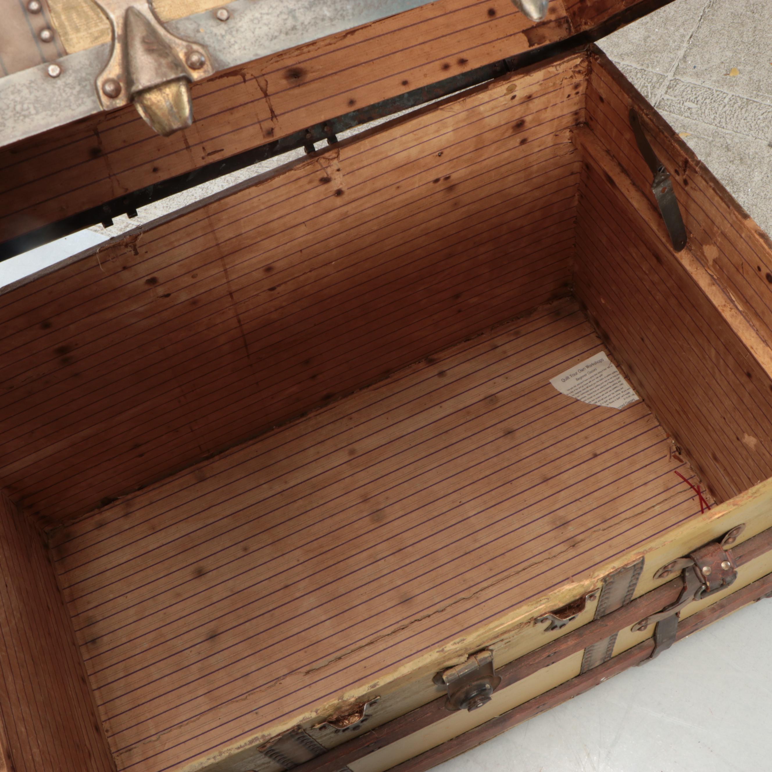 Flat Top Wood Steamer Trunk with Metal Trim, Early 20th Century