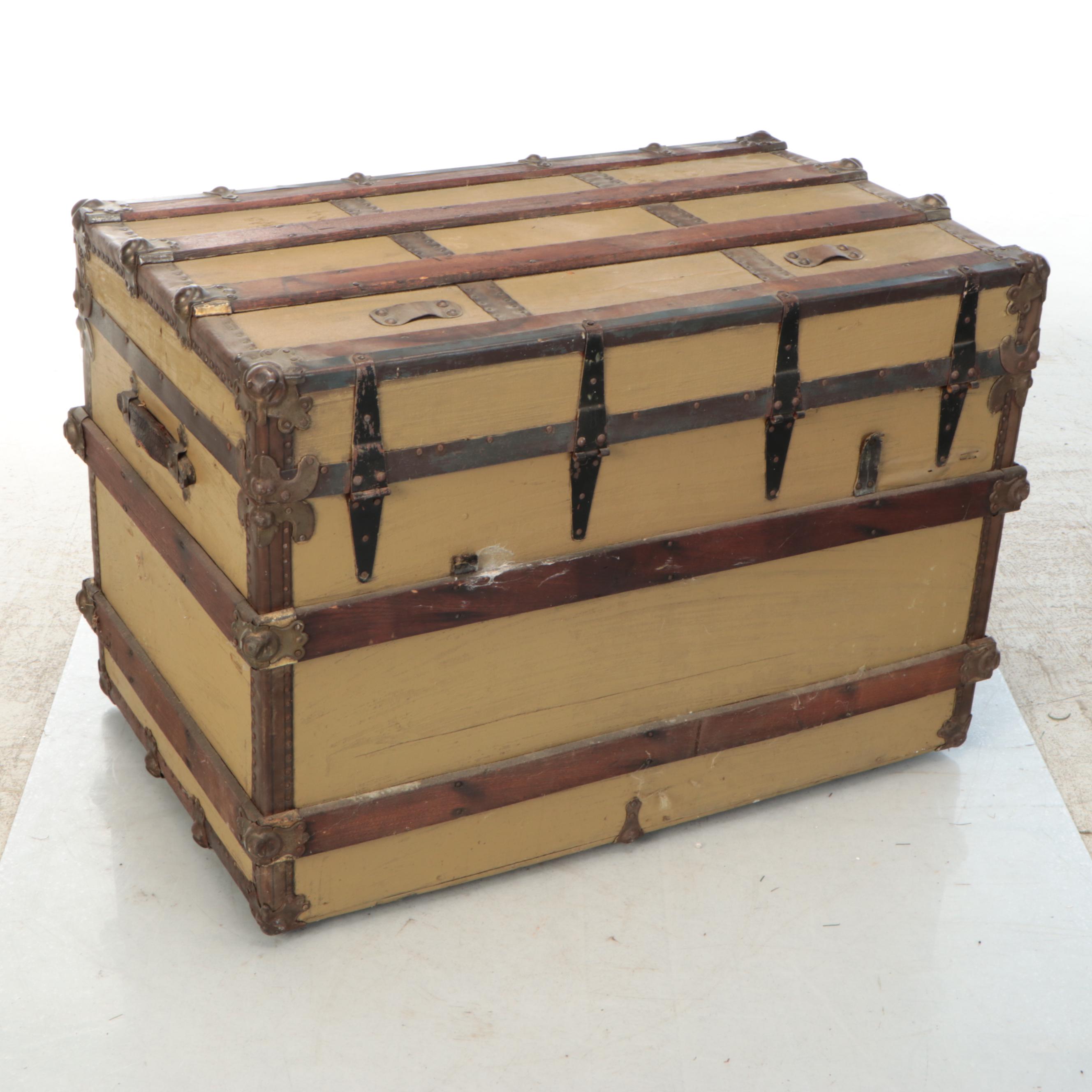 Flat Top Wood Steamer Trunk with Metal Trim, Early 20th Century