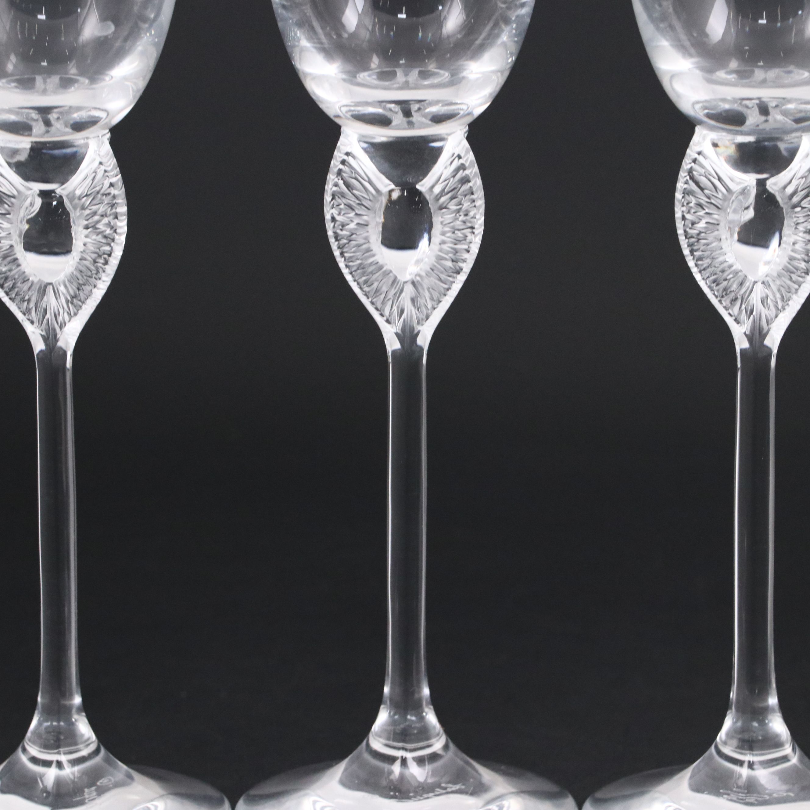 Lalique "Chardon" Frosted and Clear Crystal Thistle Stem Champagne Flutes