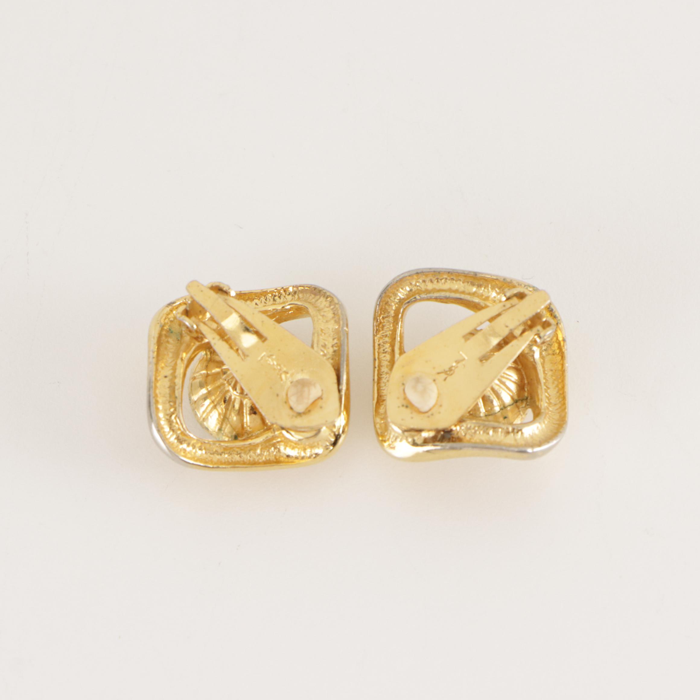 Yves Saint Laurent Openwork Clip Back Earrings with Bezel Set Faceted Cut Glass