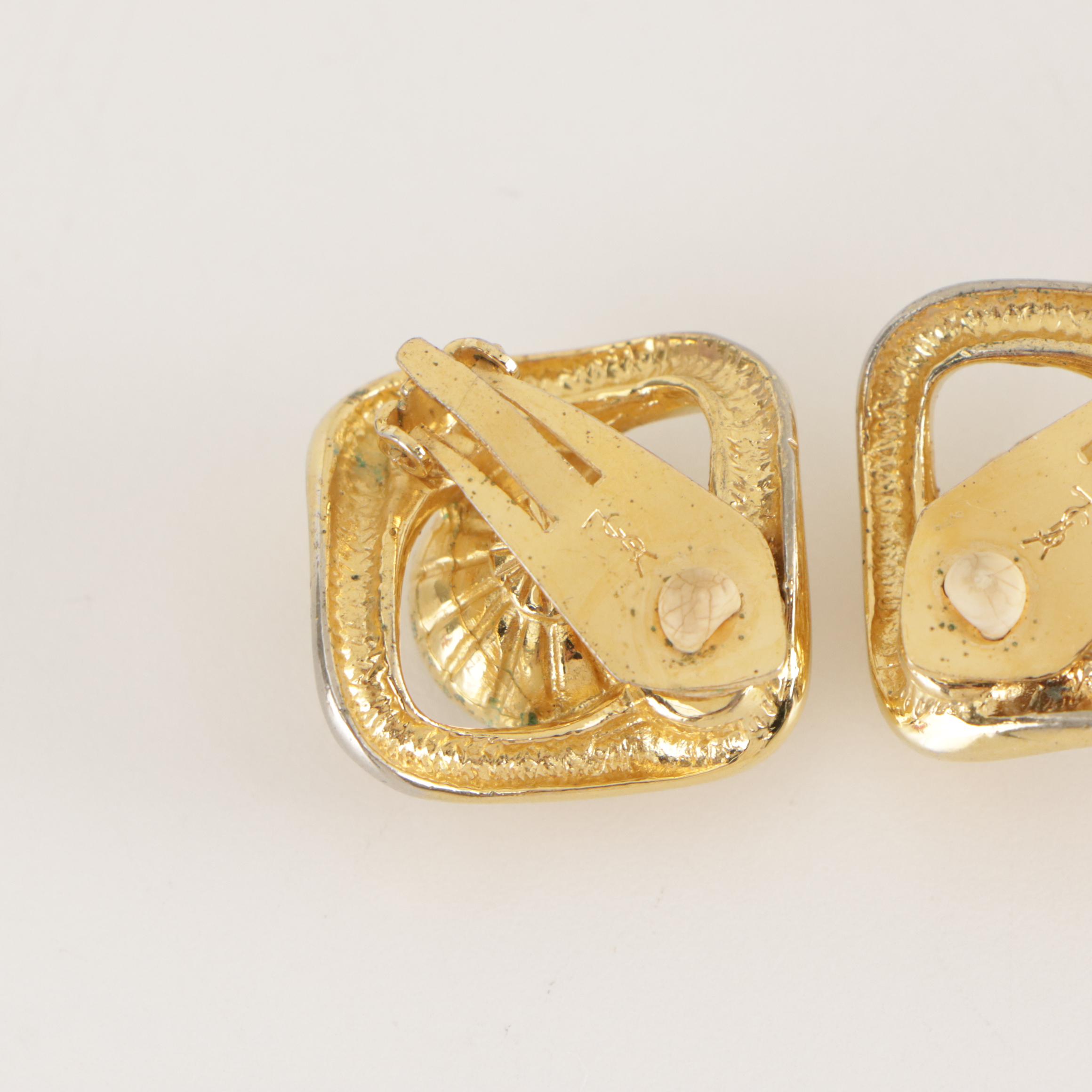 Yves Saint Laurent Openwork Clip Back Earrings with Bezel Set Faceted Cut Glass