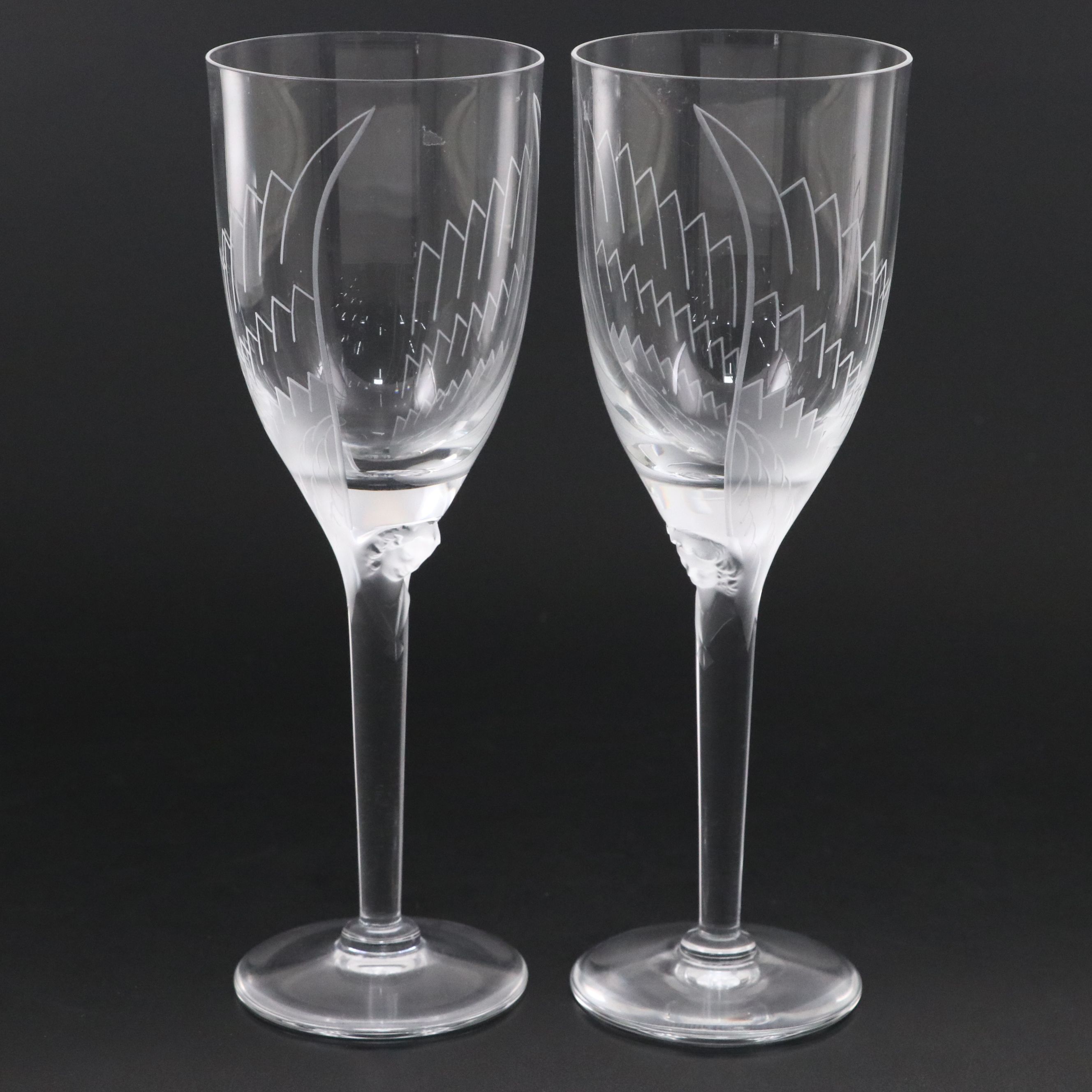 Pair of Lalique "Ange" Frosted and Clear Crystal Champagne Flutes