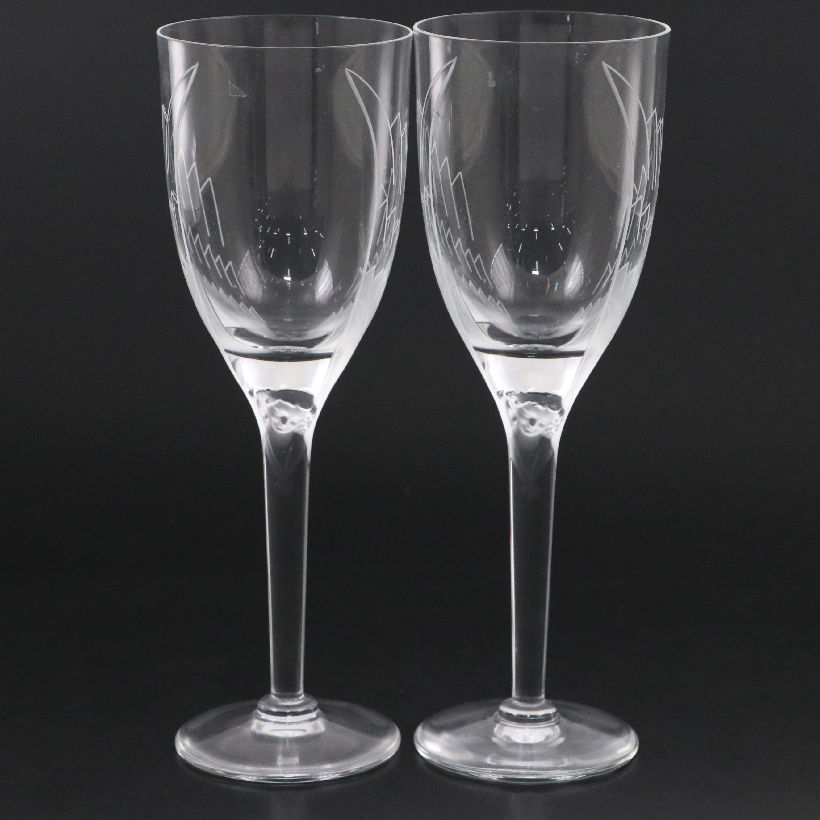 Pair of Lalique "Ange" Frosted and Clear Crystal Champagne Flutes