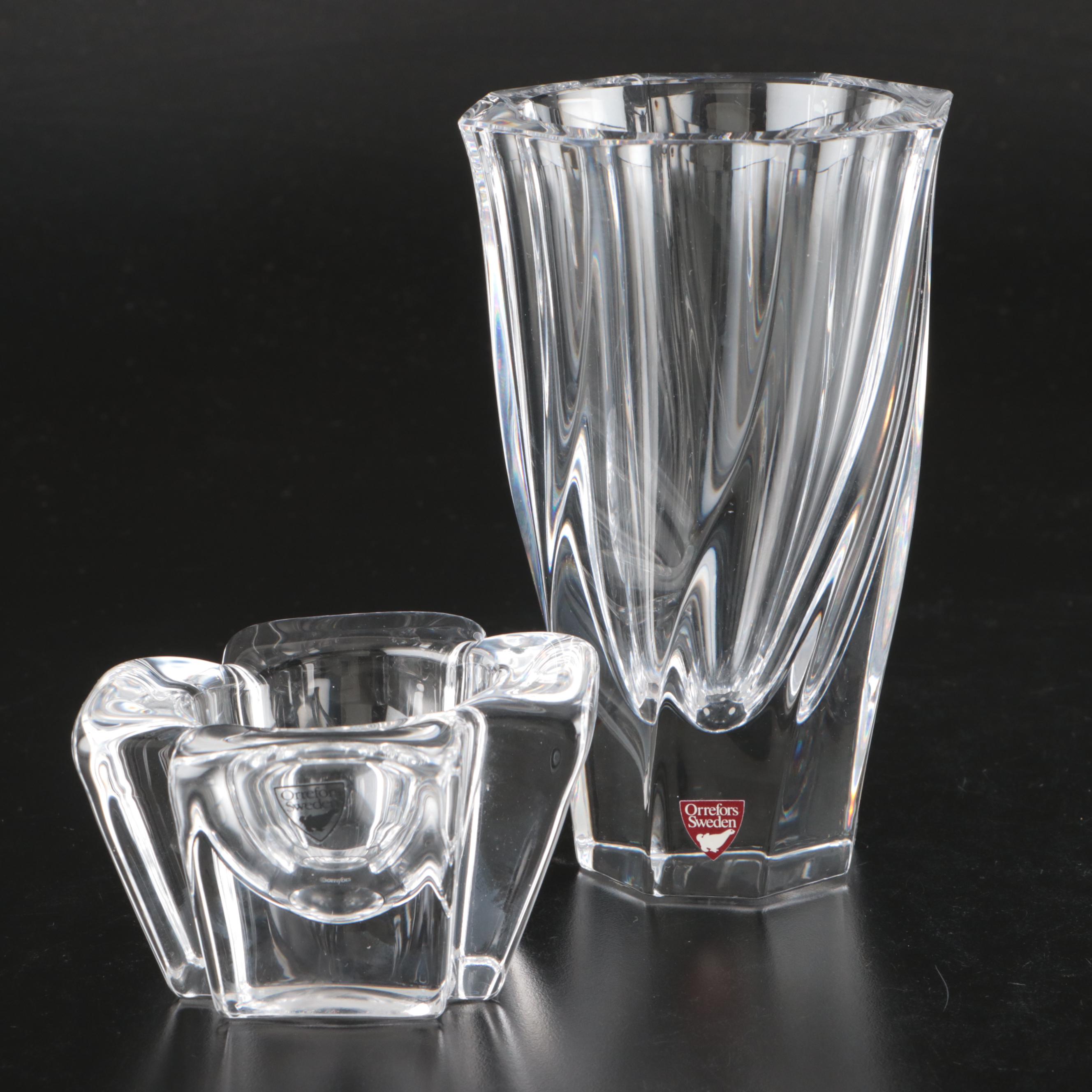 Orrefors "Max" Crystal Votive Holder and "Residence" Vase