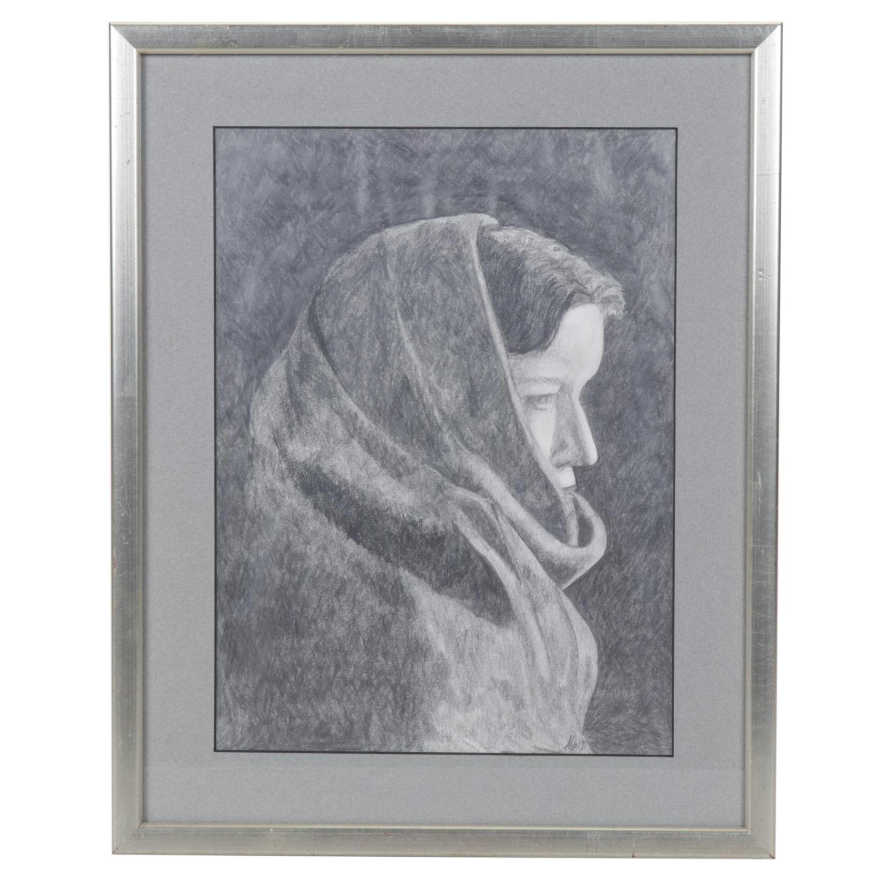 Charcoal Drawn Portrait of Woman Wearing a Shawl, 1991