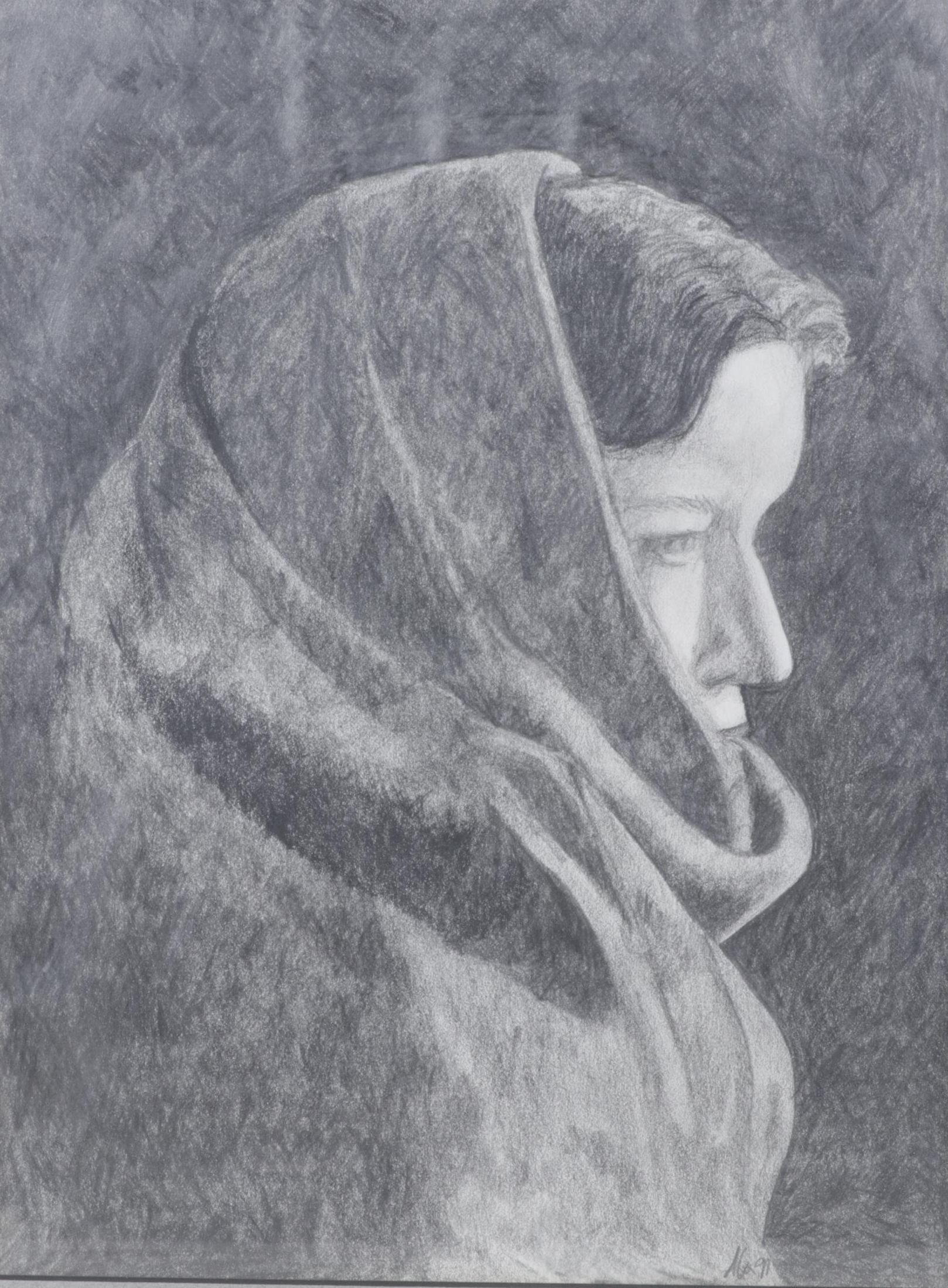 Charcoal Drawn Portrait of Woman Wearing a Shawl, 1991