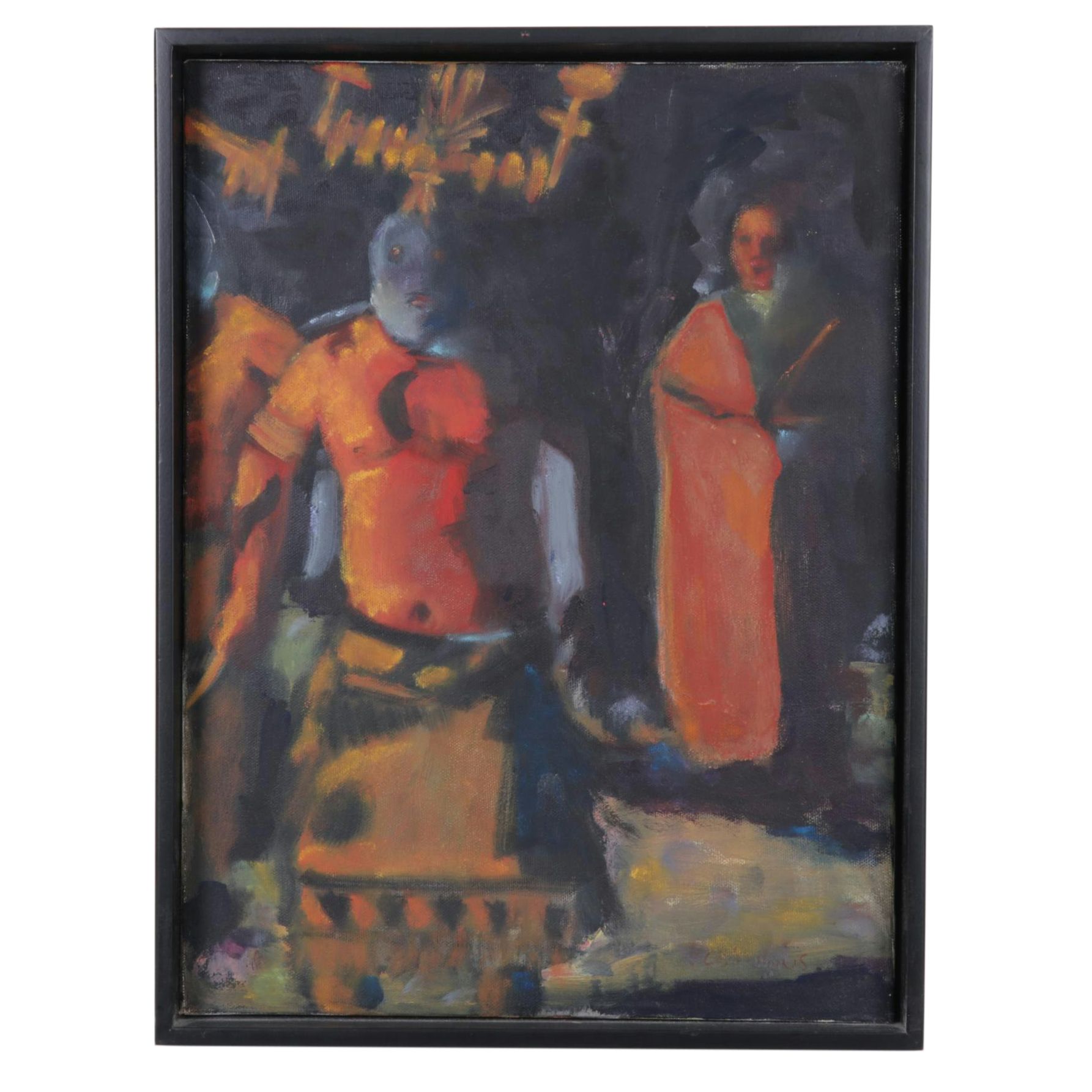 Oil Painting of Masked Ceremonial Event in Black Shadow Box Frame