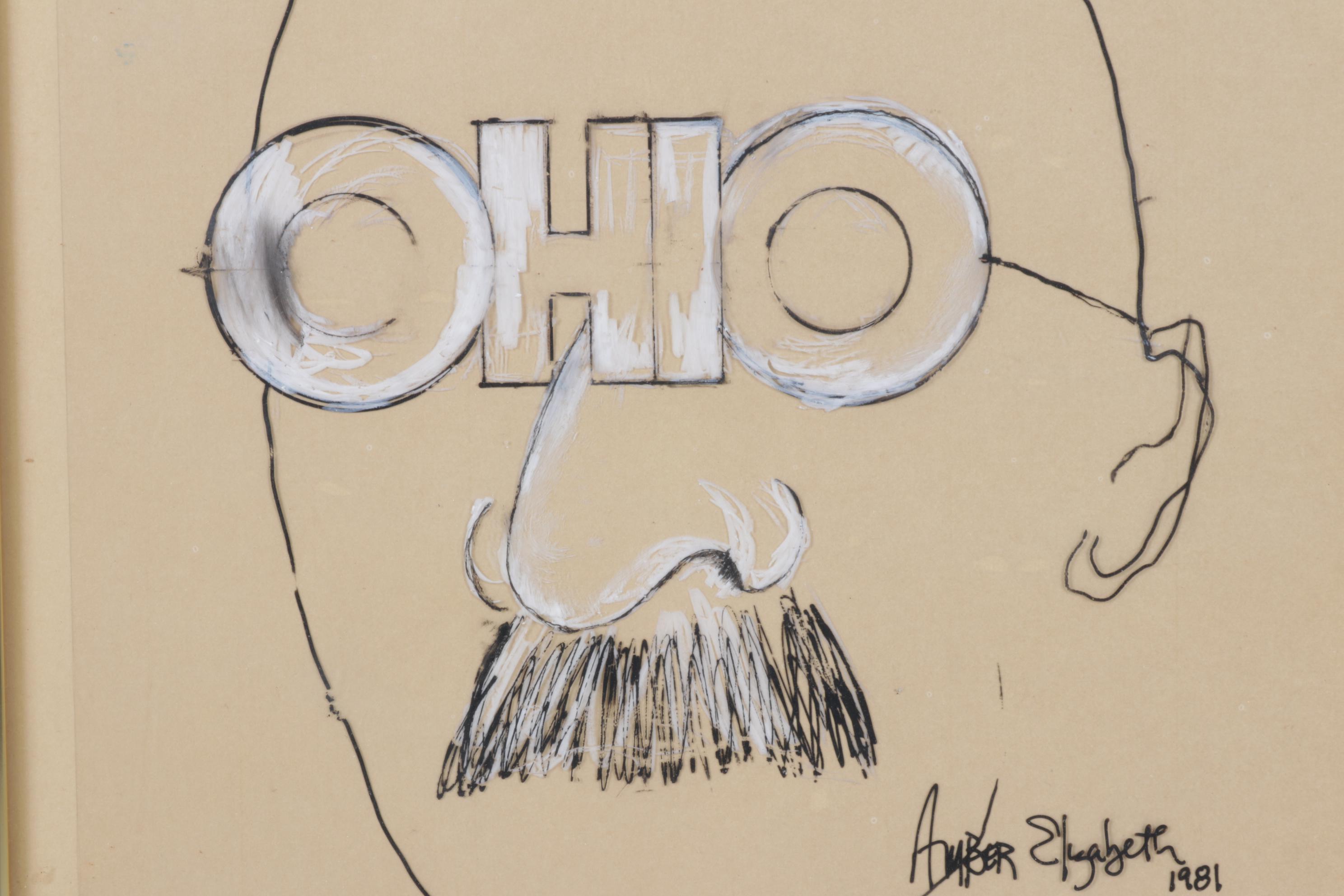 Amber Elizabeth Drawing on Vellum Paper of Man with "Ohio" Glasses, 1981