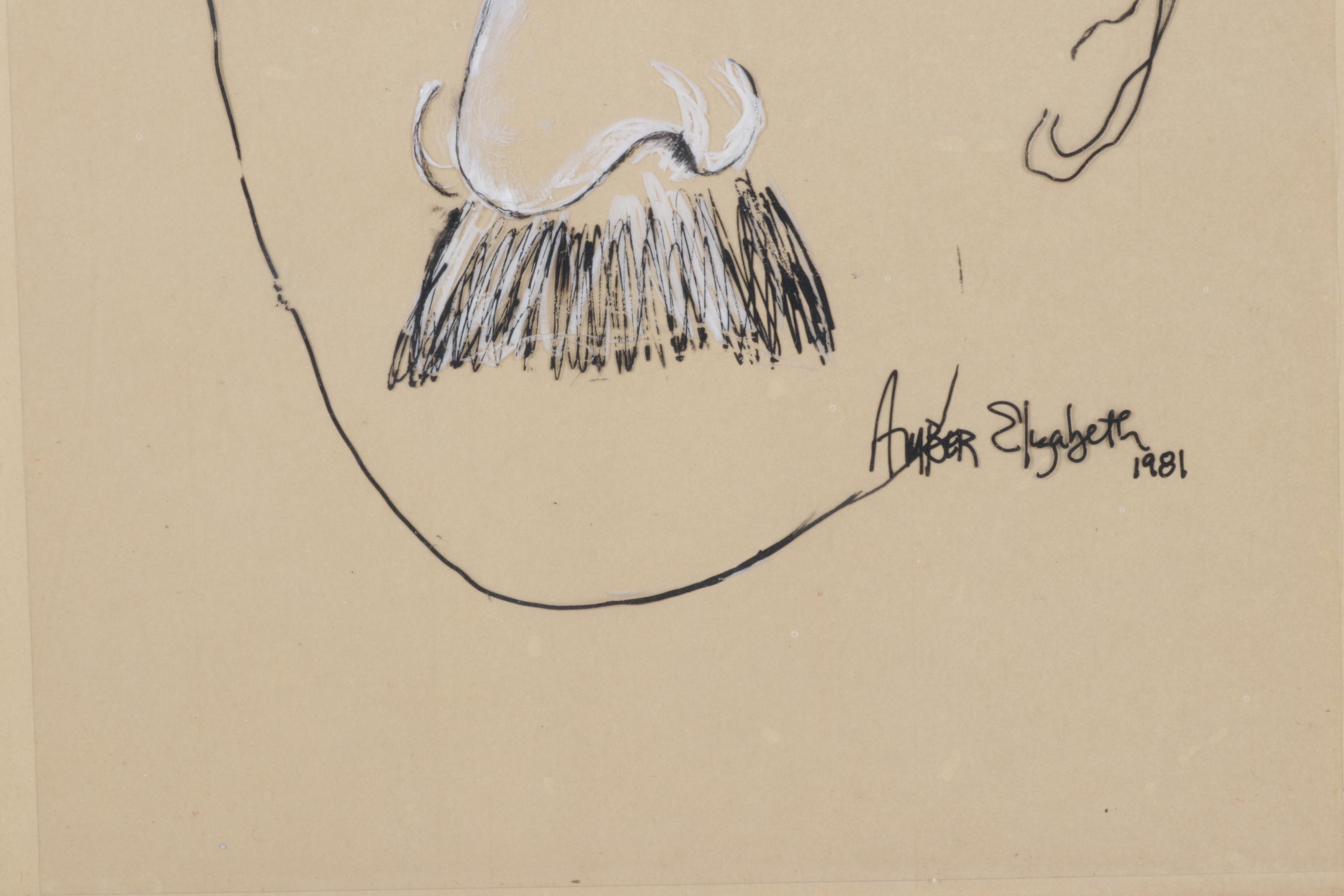 Amber Elizabeth Drawing on Vellum Paper of Man with "Ohio" Glasses, 1981