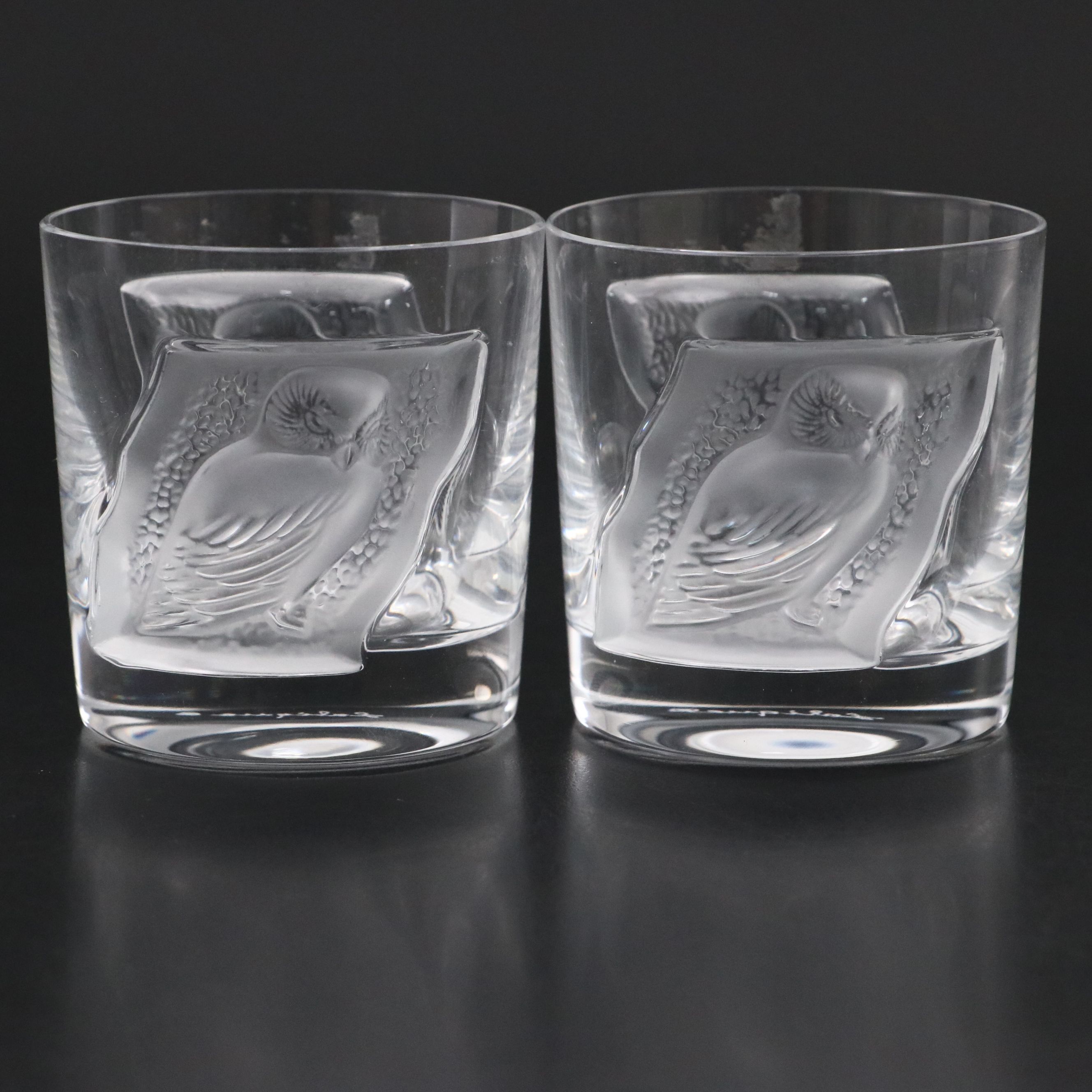 Lalique "Hulotte" Frosted and Clear Crystal Owl Whiskey Tumblers