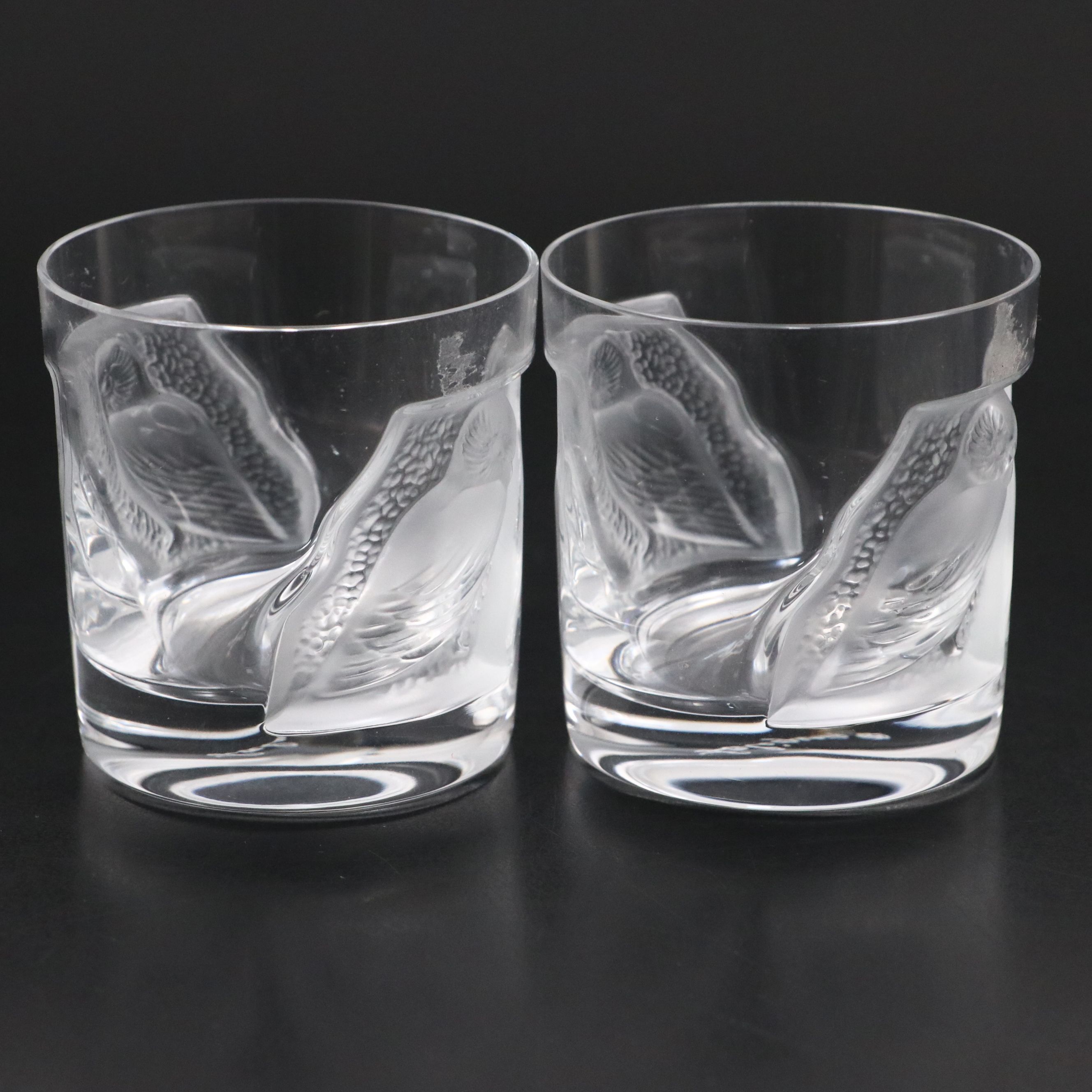 Lalique "Hulotte" Frosted and Clear Crystal Owl Whiskey Tumblers