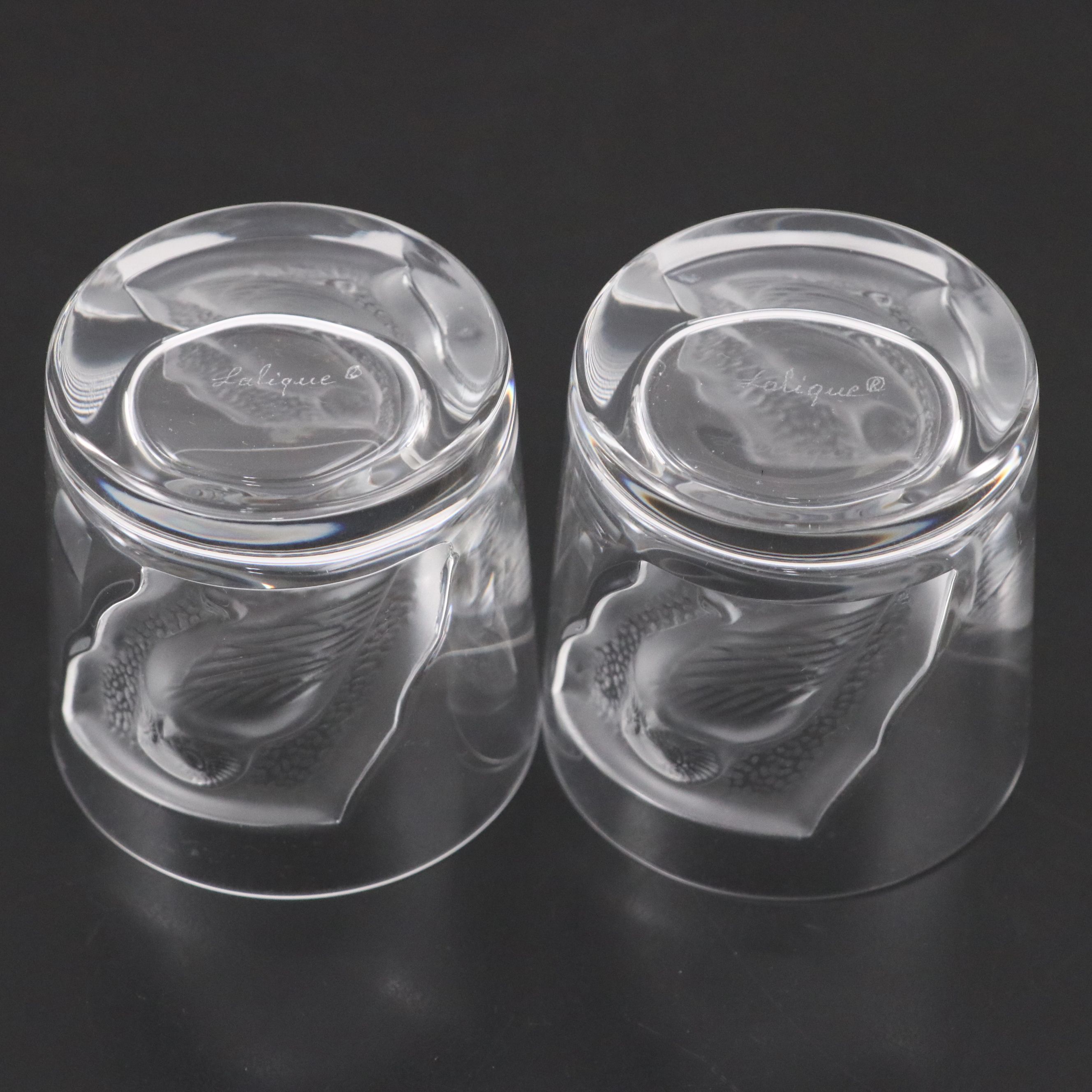 Lalique "Hulotte" Frosted and Clear Crystal Owl Whiskey Tumblers