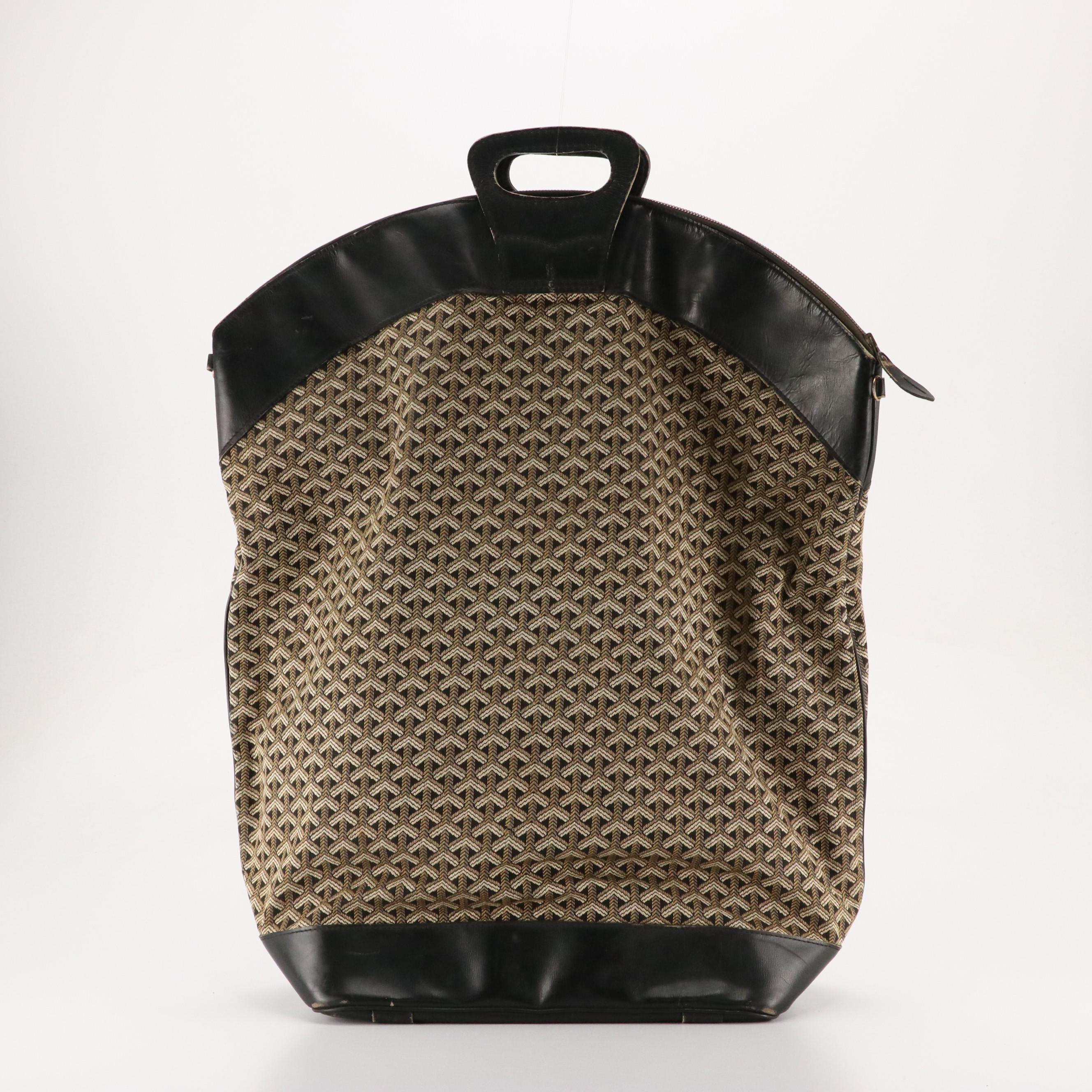 Goyard Oversized Travel Bag in Chevron Jacquard Canvas and Black Leather, 1970s
