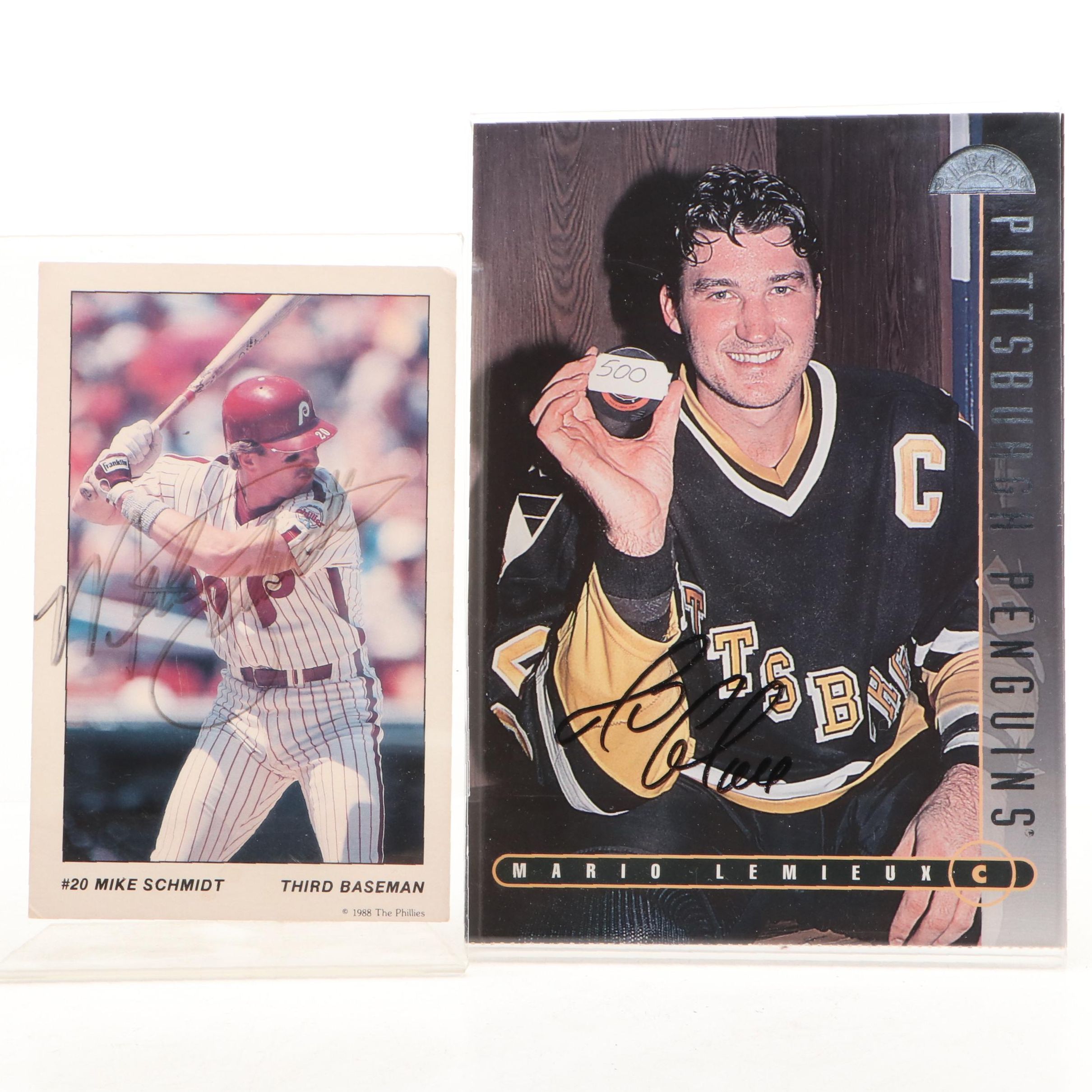 Mike Schmidt Signed Print with Mario Lemieux Signed Oversized Hockey Card
