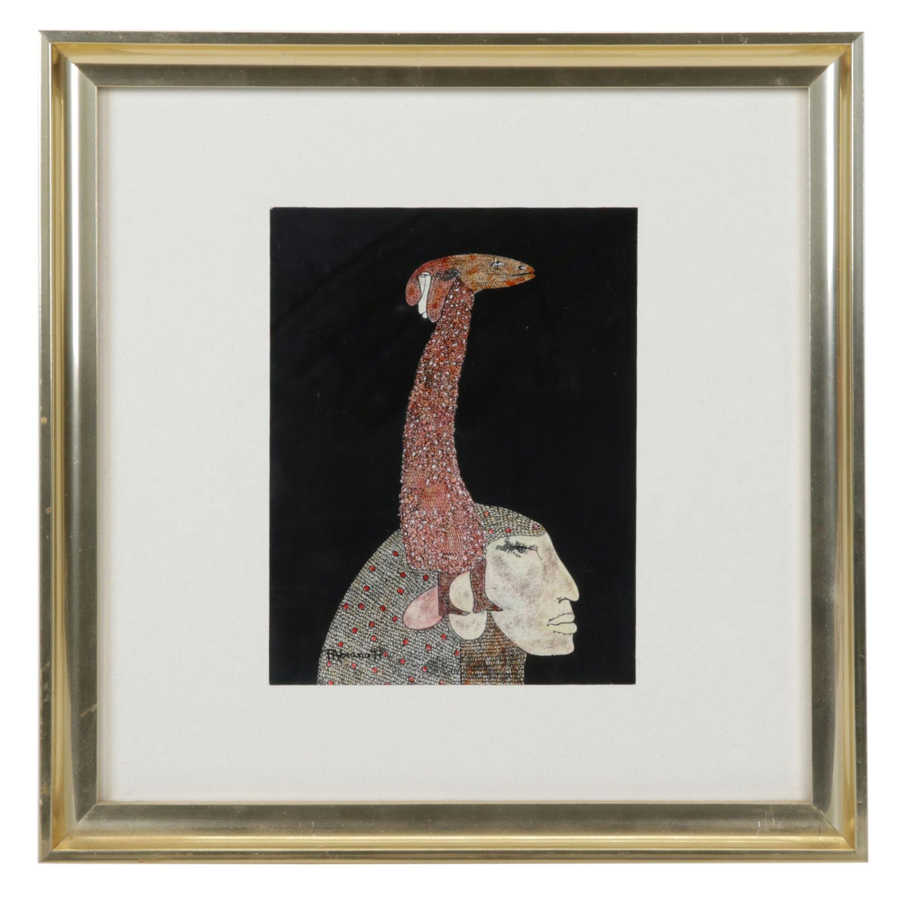 Tribal Motif Silhouette Offset Lithograph, Signed Lower Left